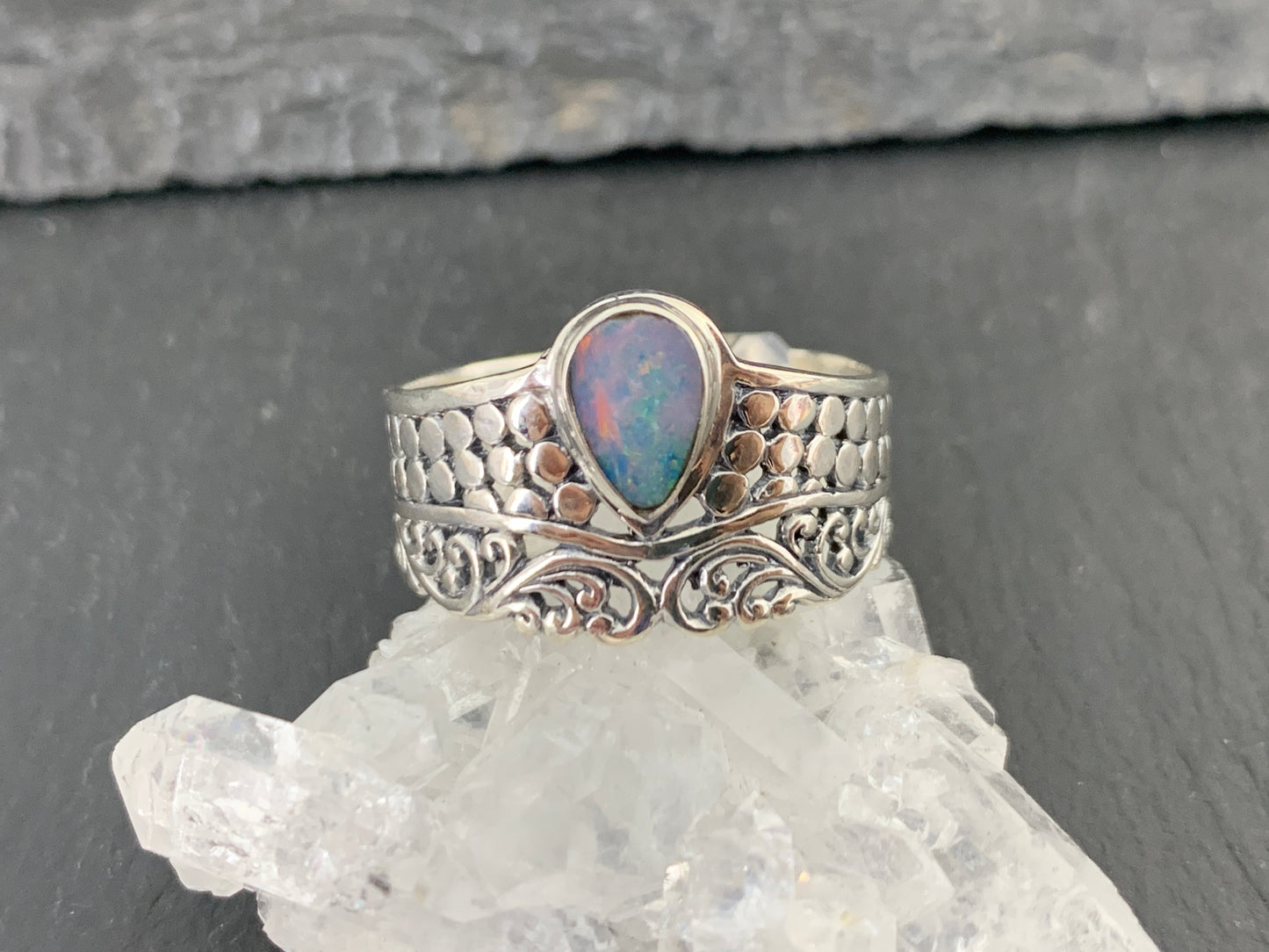 Sterling Silver Australian Opal Ring - Wide Band Statement Ring - size 10 US