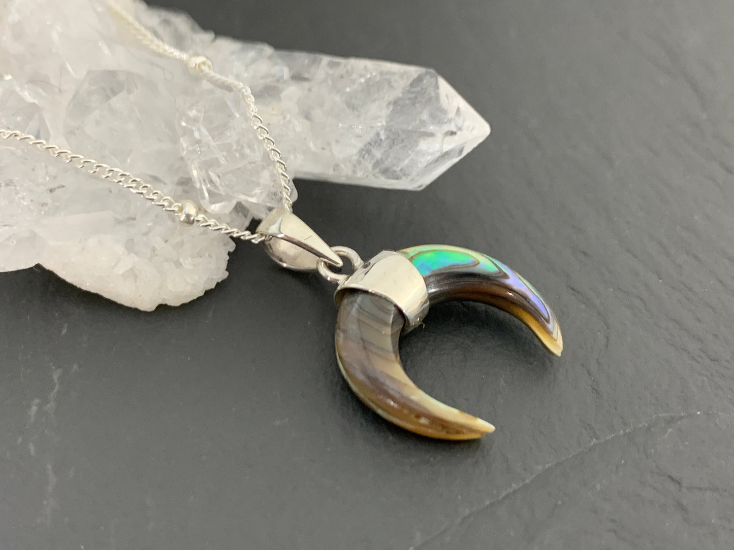 Abalone Shell Crescent Moon Pendant – Sterling Silver Boho Necklace – 17” Chain – Lunar Jewelry