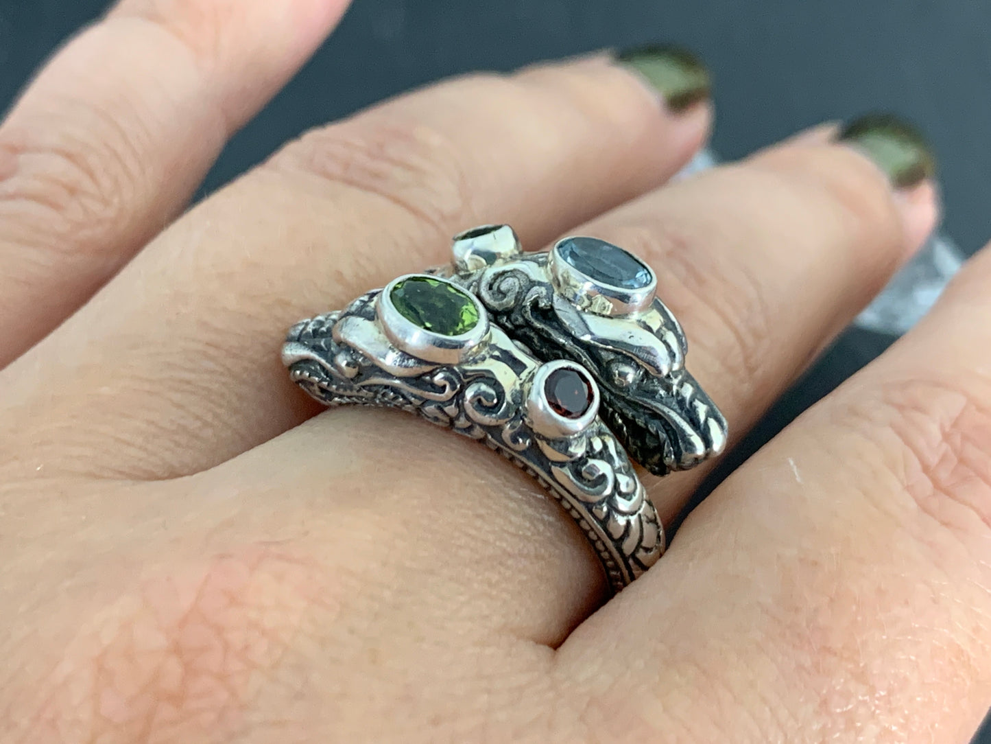 Sterling Silver Gemstone Ring – Blue Topaz, Peridot & Garnet, Ornate Boho Ring