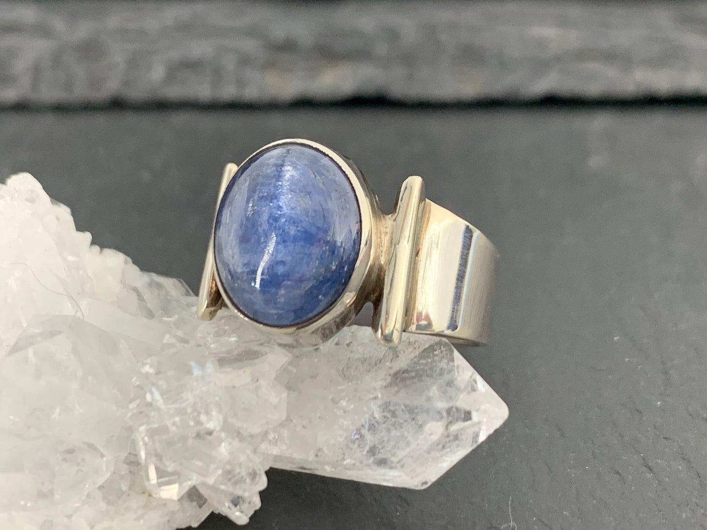 Sterling Silver Kyanite Ring – 9x12mm Oval Gemstone. Handmade Blue Crystal Jewelry
