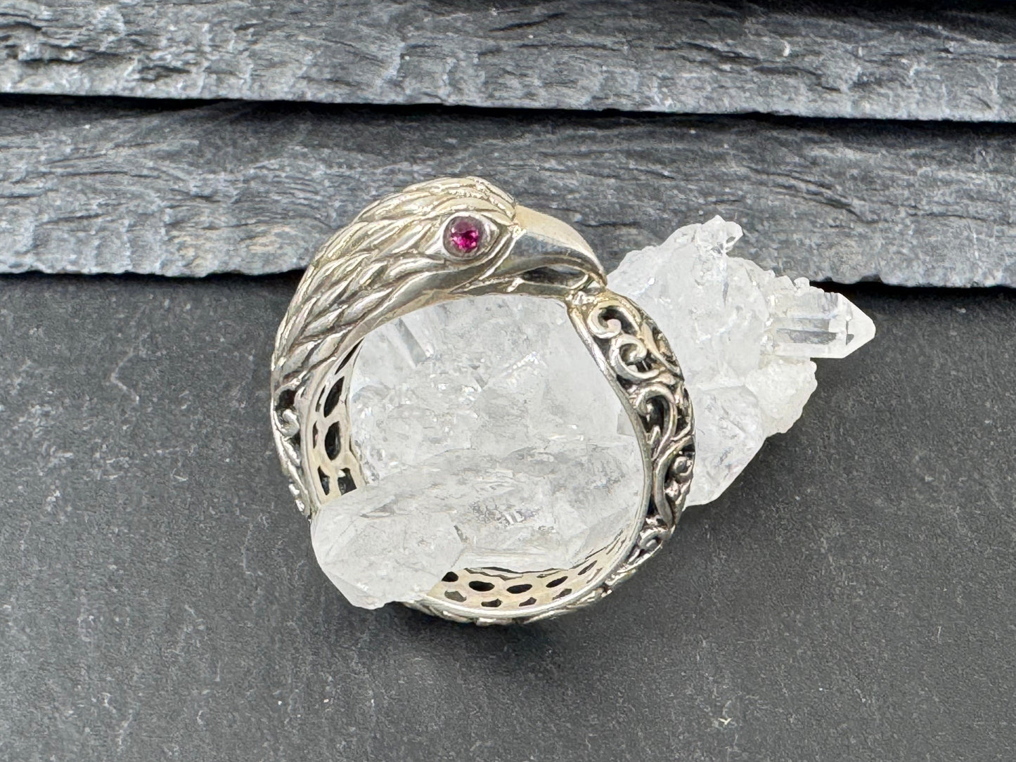 "Bird with Topaz Eyes" Sterling Ring size 7.5US