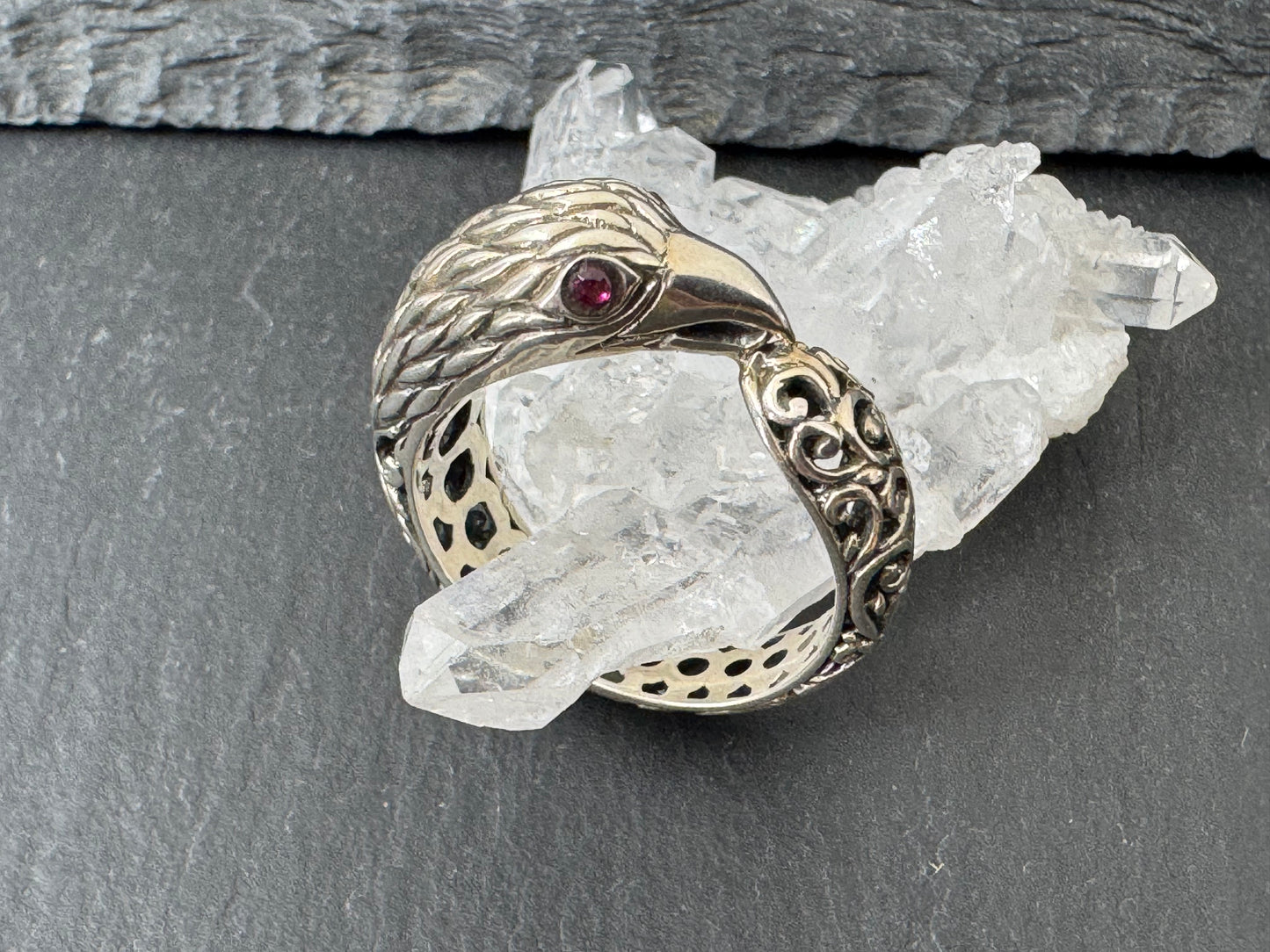 "Bird with Topaz Eyes" Sterling Ring size 7.5US
