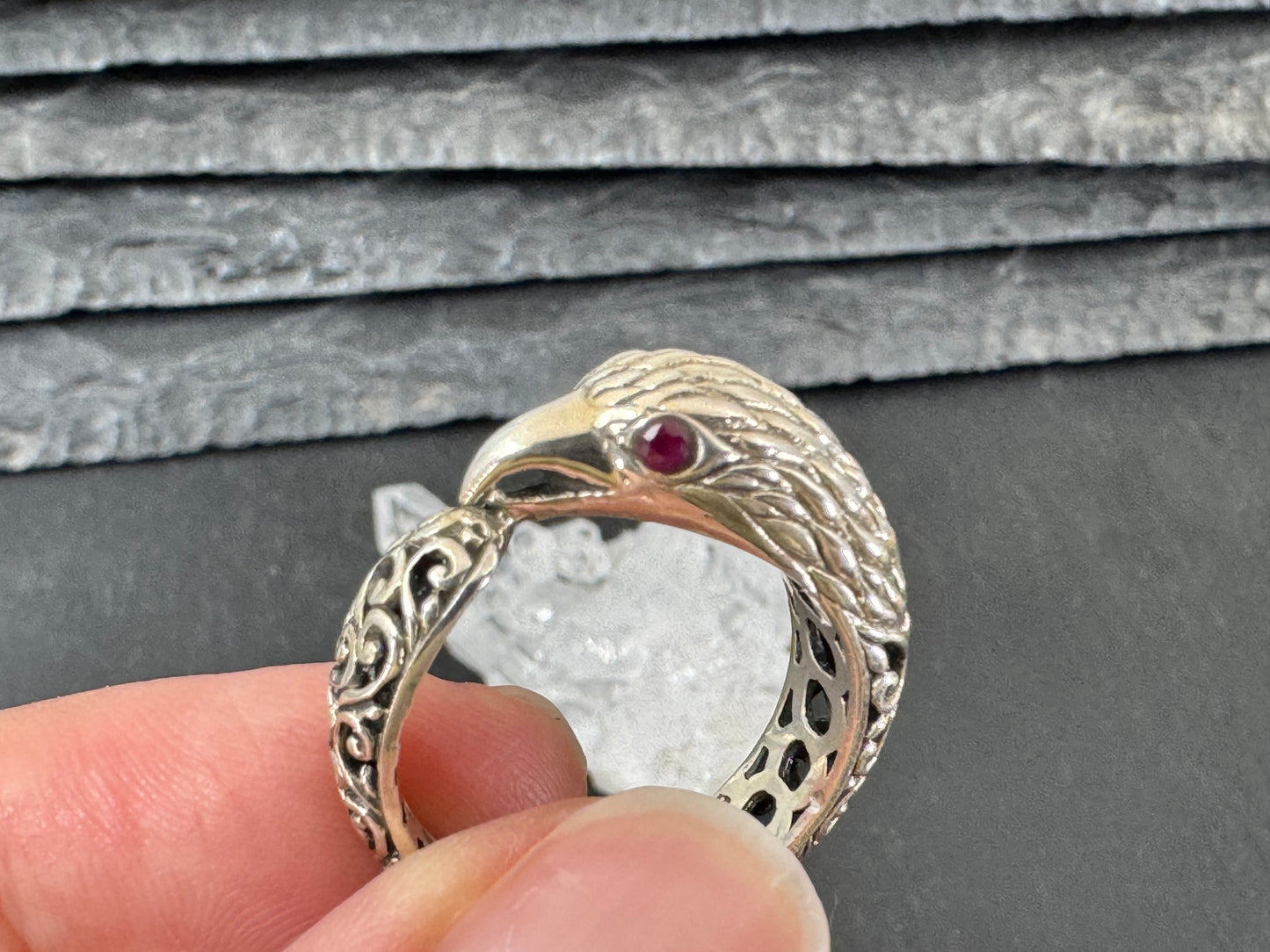 "Bird with Topaz Eyes" Sterling Ring size 7.5US