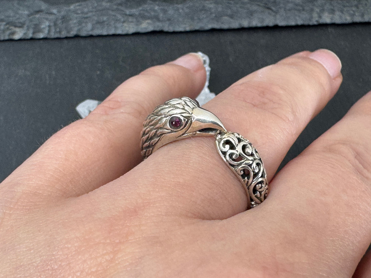 "Bird with Topaz Eyes" Sterling Ring size 7.5US