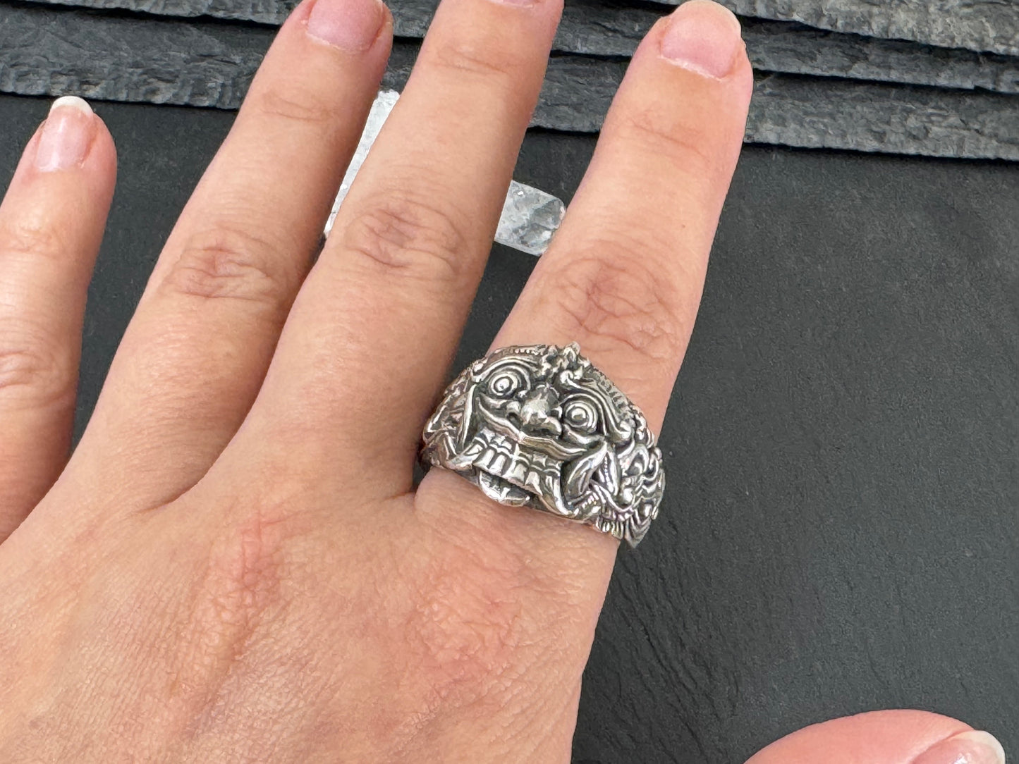 Large "Barong" Balinese face Sterling Men's Ring size 11.5 US