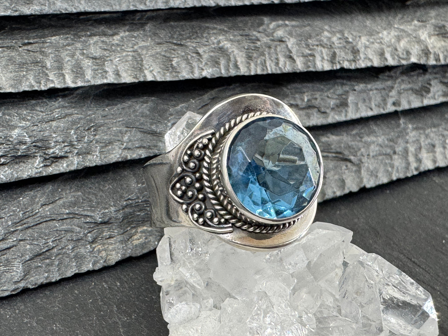 Blue Topaz 12mm Open Band Sterling Silver Ring