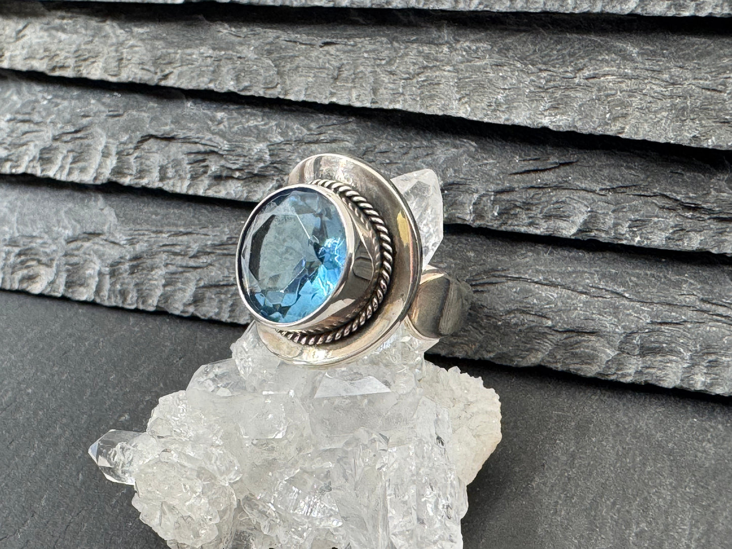 Blue Topaz 12mm Open Band Sterling Silver Ring