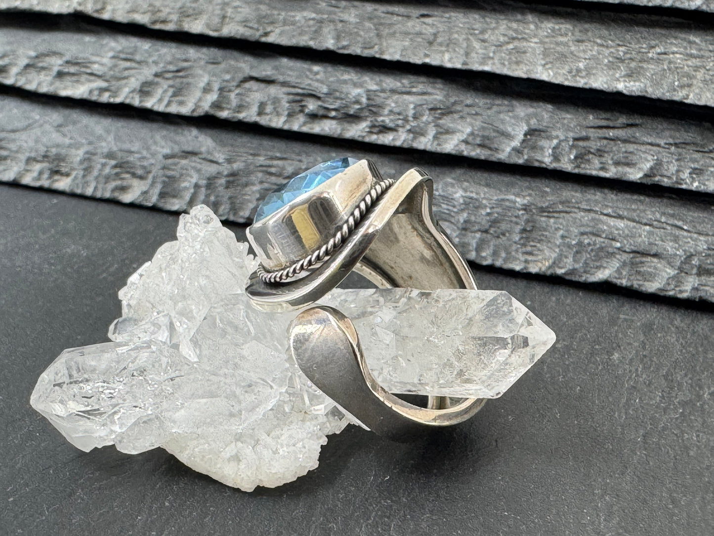 Blue Topaz 12mm Open Band Sterling Silver Ring