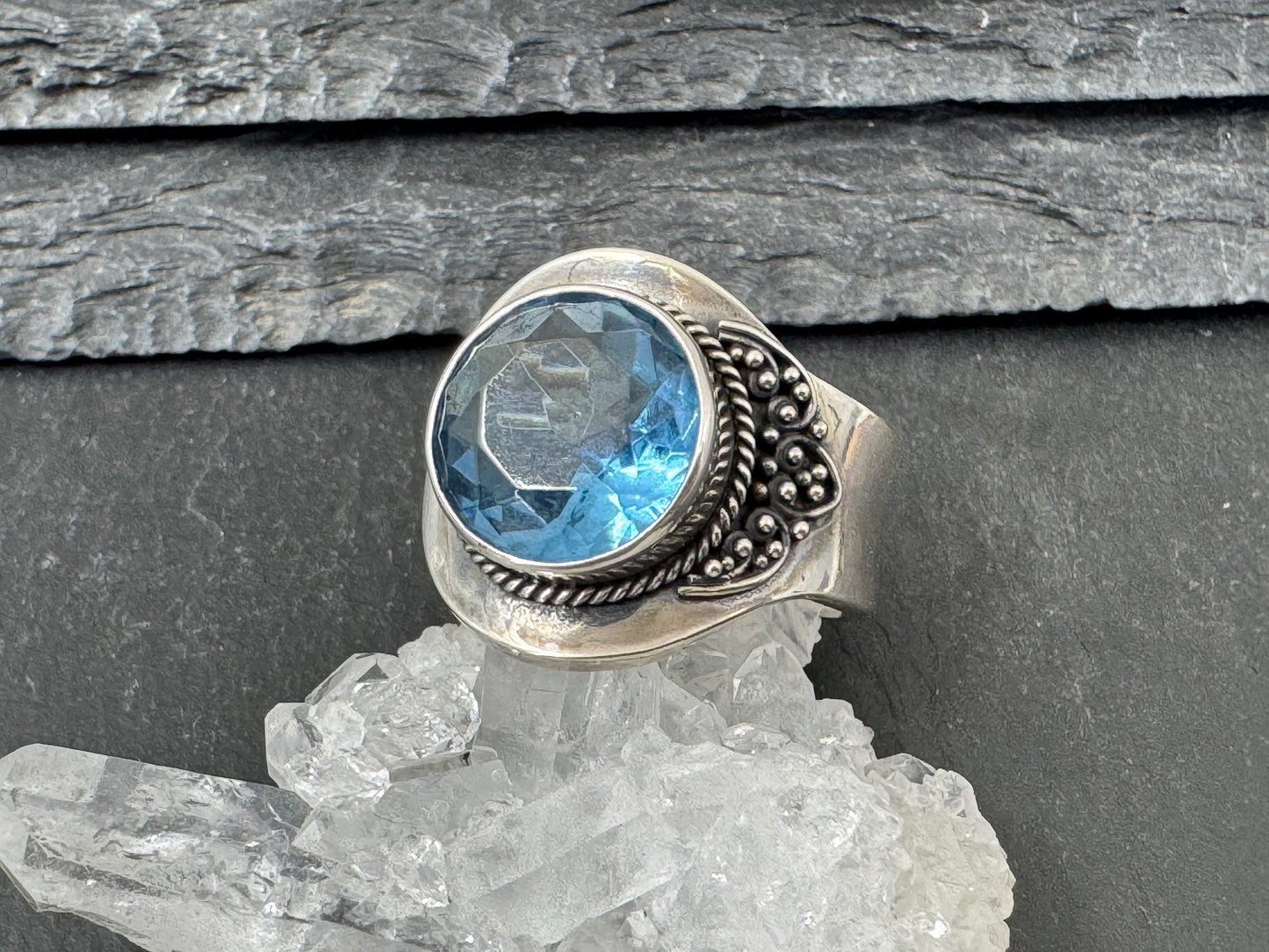 Blue Topaz 12mm Open Band Sterling Silver Ring