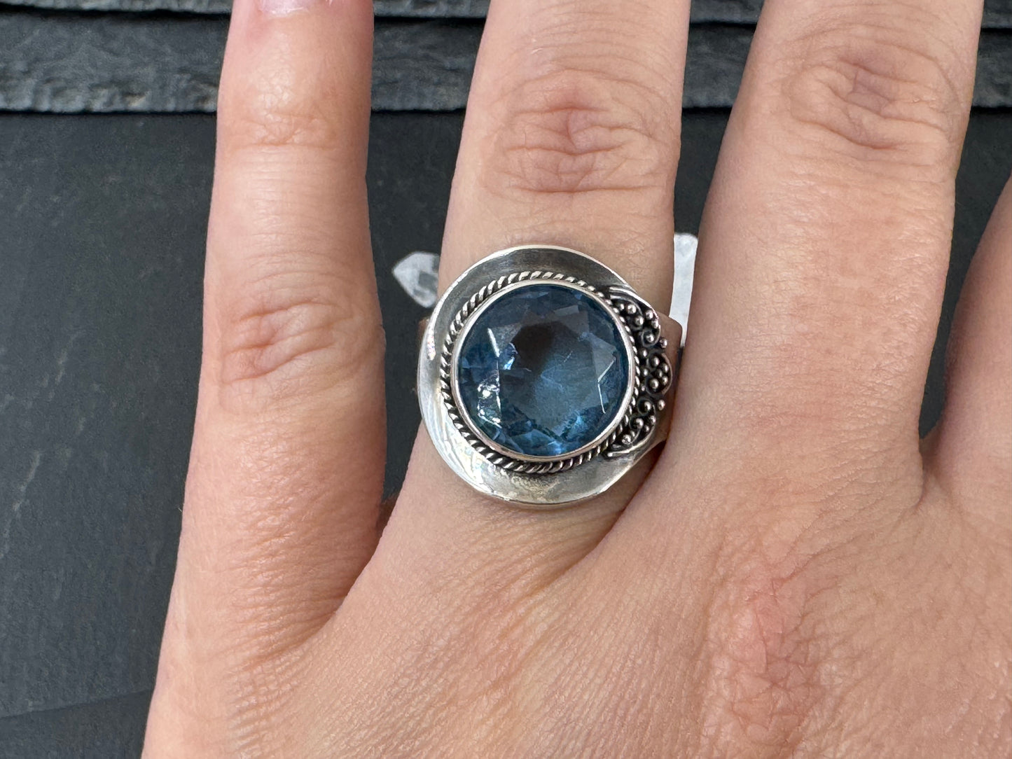 Blue Topaz 12mm Open Band Sterling Silver Ring