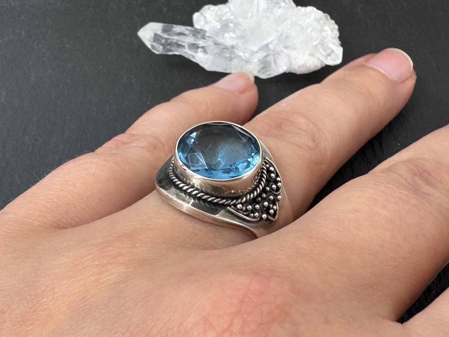 Blue Topaz 12mm Open Band Sterling Silver Ring