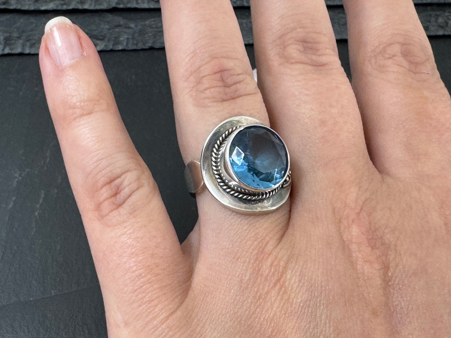 Blue Topaz 12mm Open Band Sterling Silver Ring