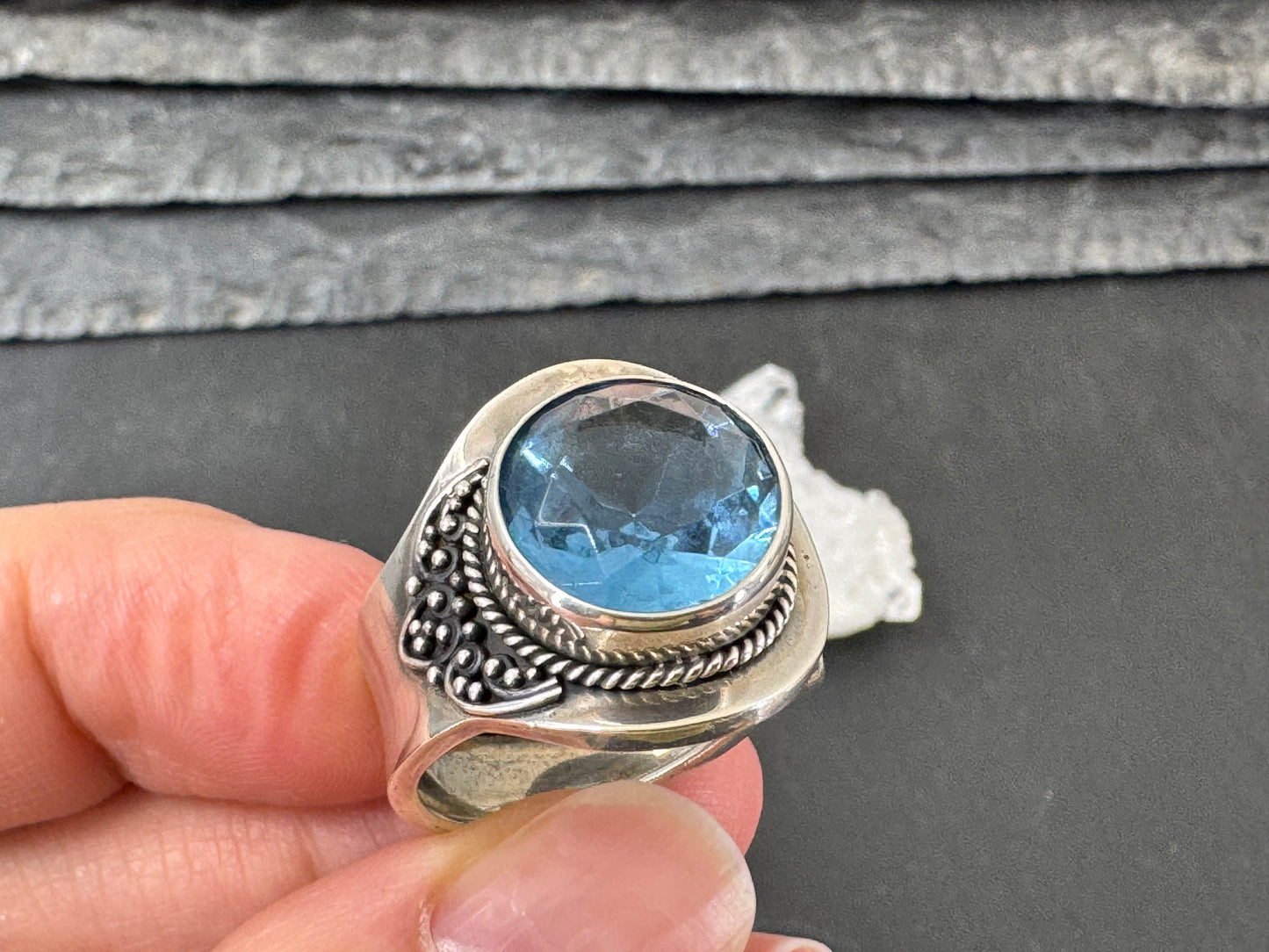 Blue Topaz 12mm Open Band Sterling Silver Ring