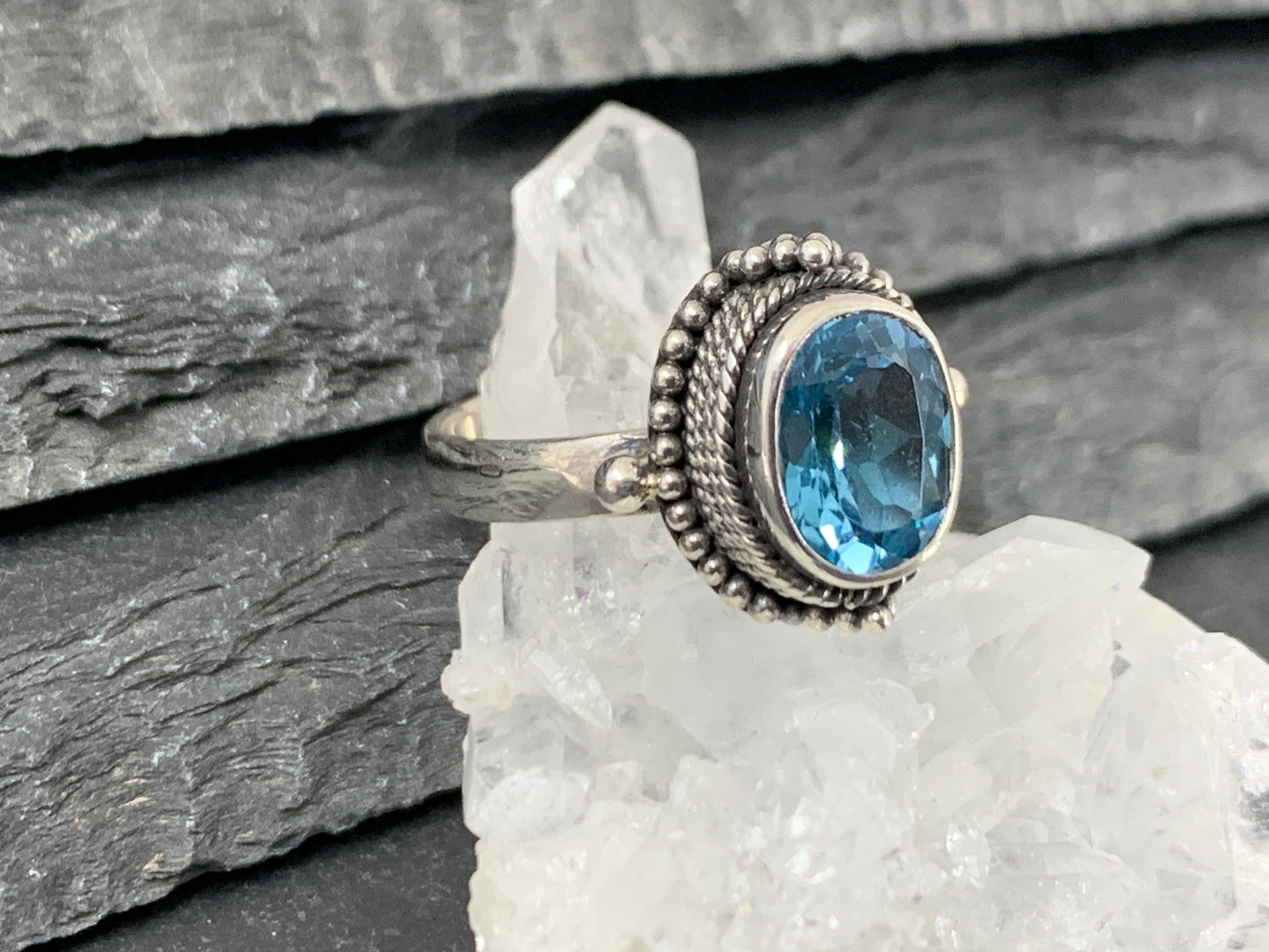 Blue Topaz 7x9mm Simple Sterling Silver Ring