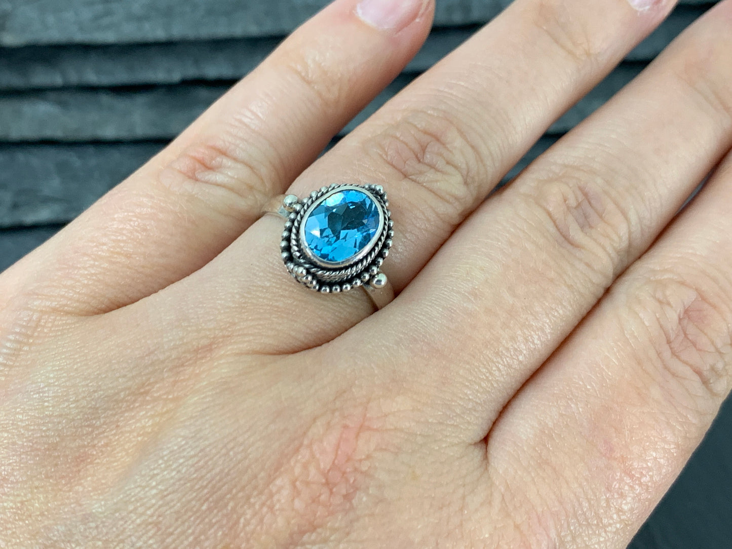 Blue Topaz 7x9mm Simple Sterling Silver Ring