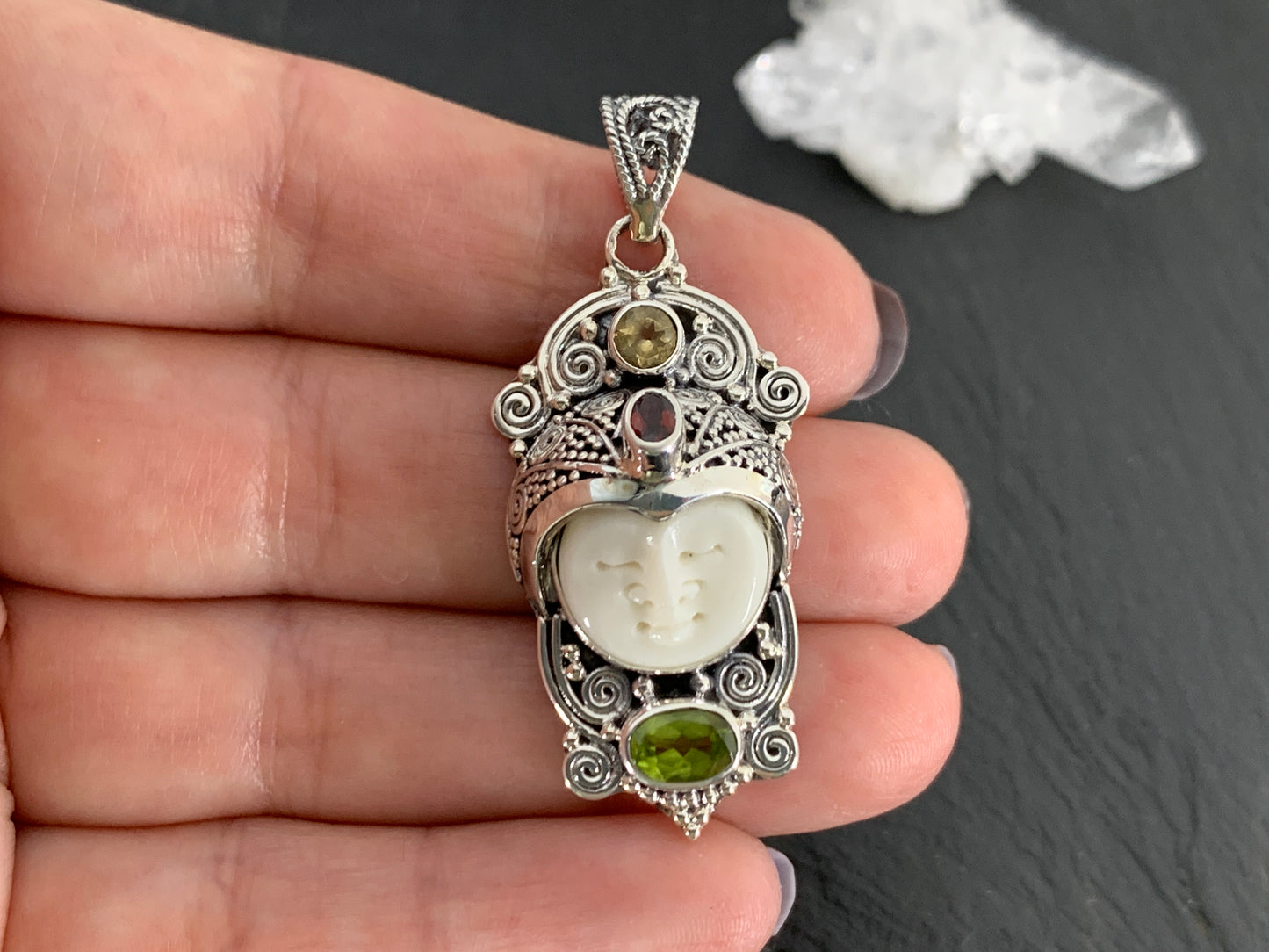 Sterling Silver Face Pendant • Hand-Carved Bone Moon Goddess Jewelry • Gemstone Pendant with Garnet, Citrine & Peridot