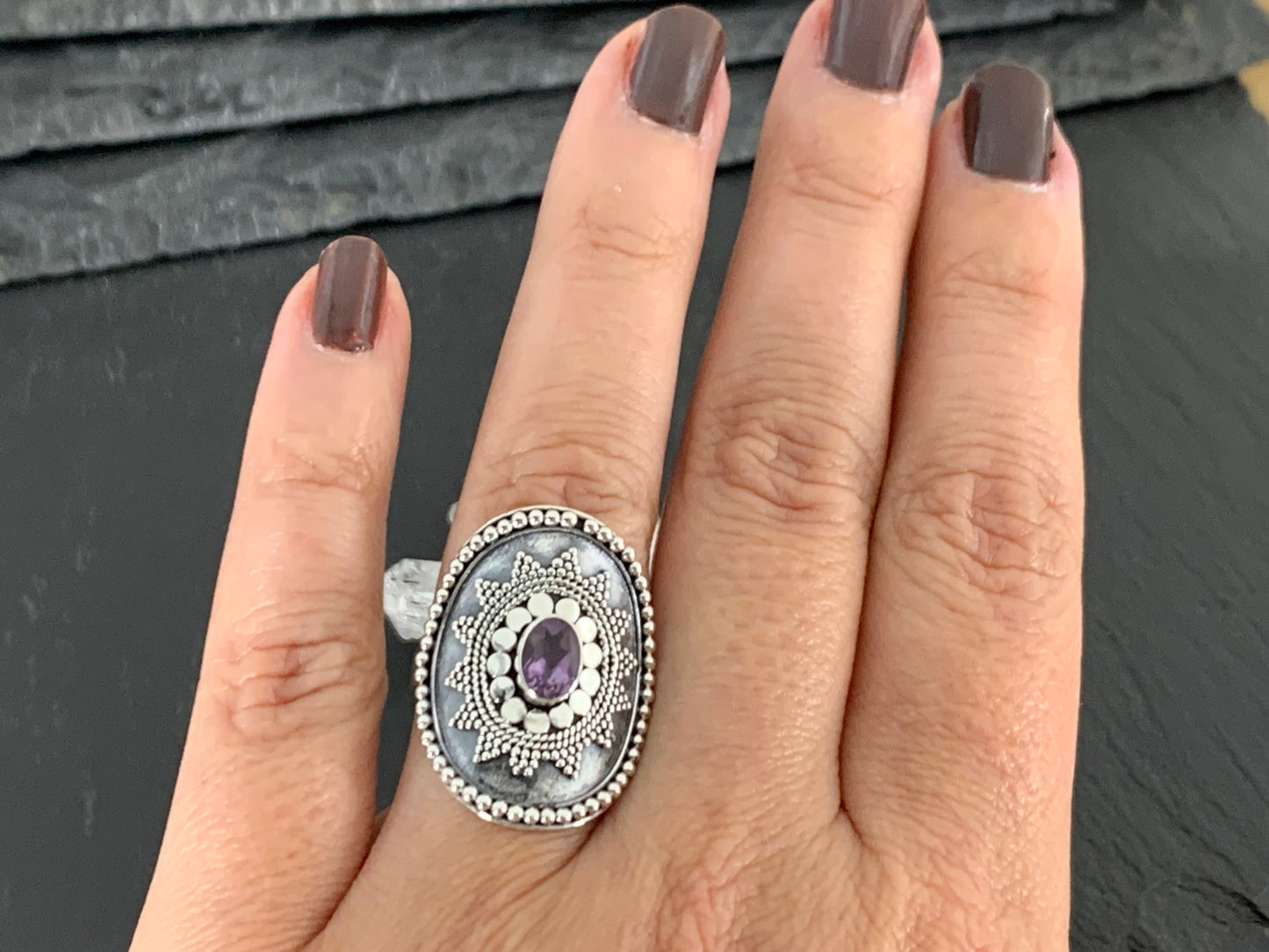 Boho Amethyst Ring, Sterling Silver Statement Ring, Vintage Style Filigree Jewelry, Purple Gemstone