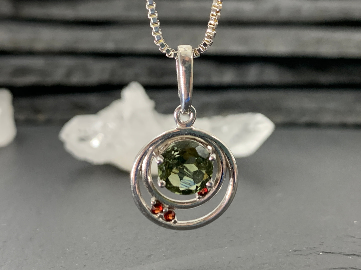 Moldavite & Garnet Pendant