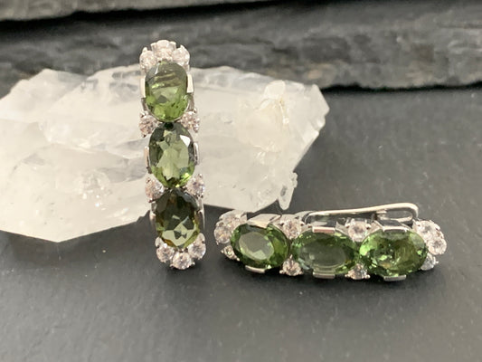 Moldavite & Zircon Silver Earrings