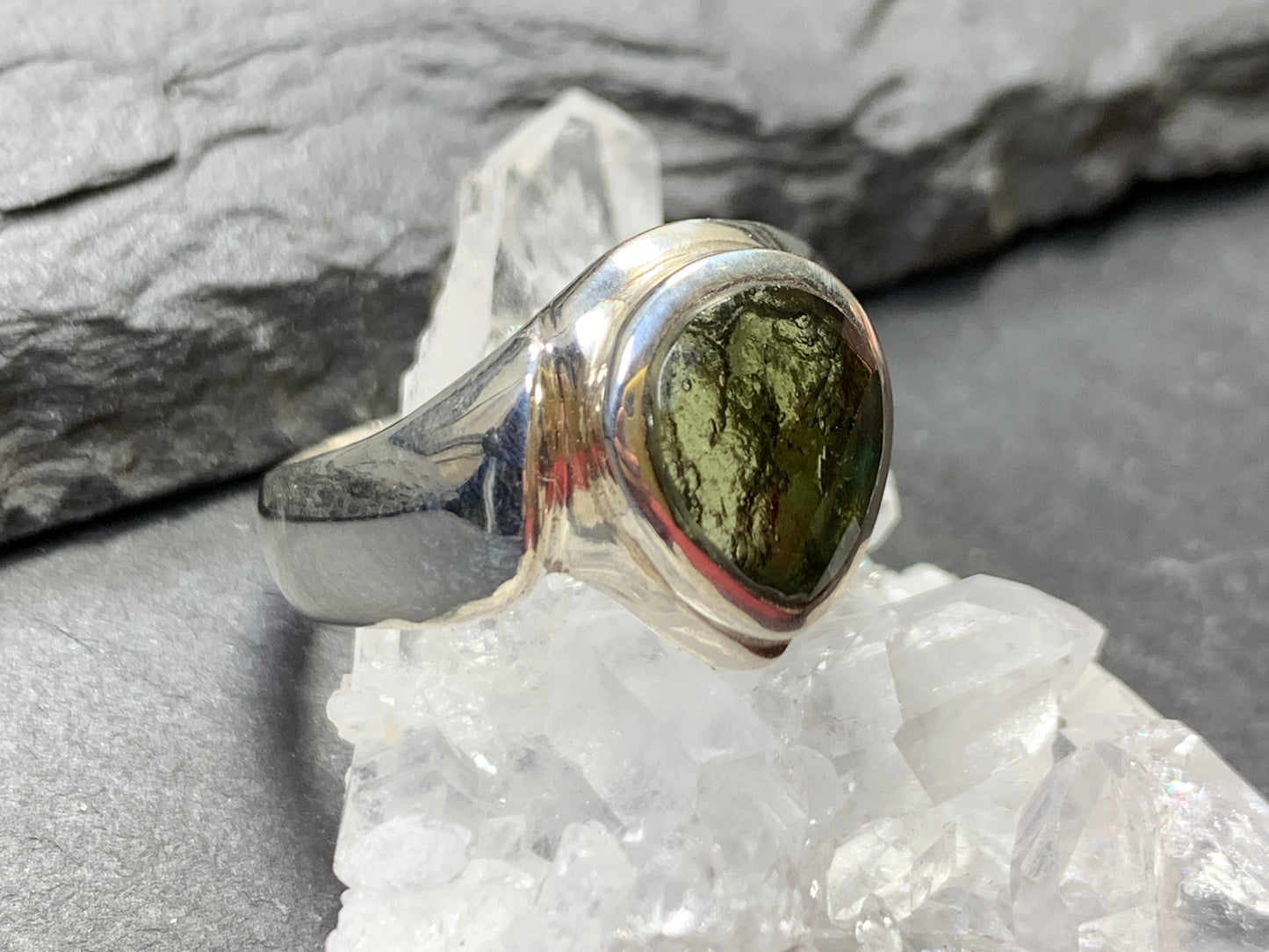Ring with Faceted Moldavite/ 8.5 US