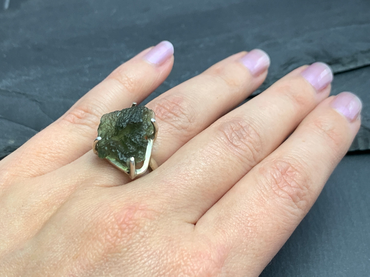Ring with rough Moldavite 6.75US
