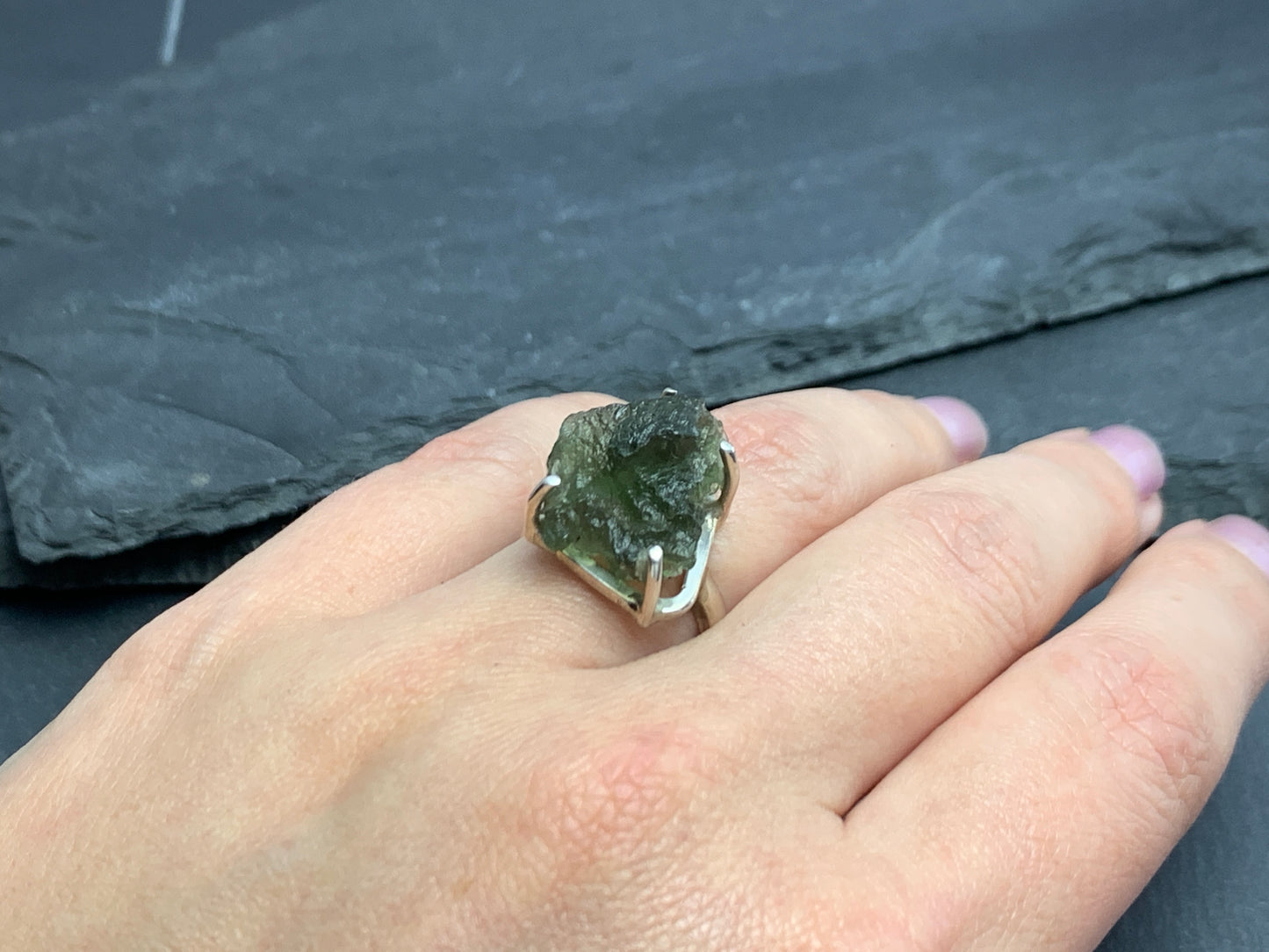 Ring with rough Moldavite 6.75US