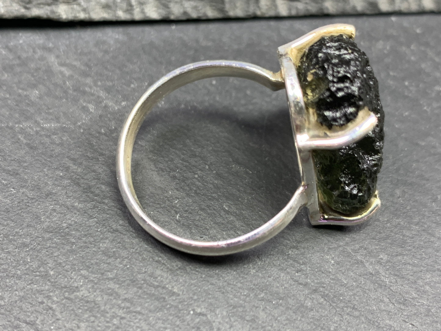 " Capella" Ring with Rough Moldavite 9 US