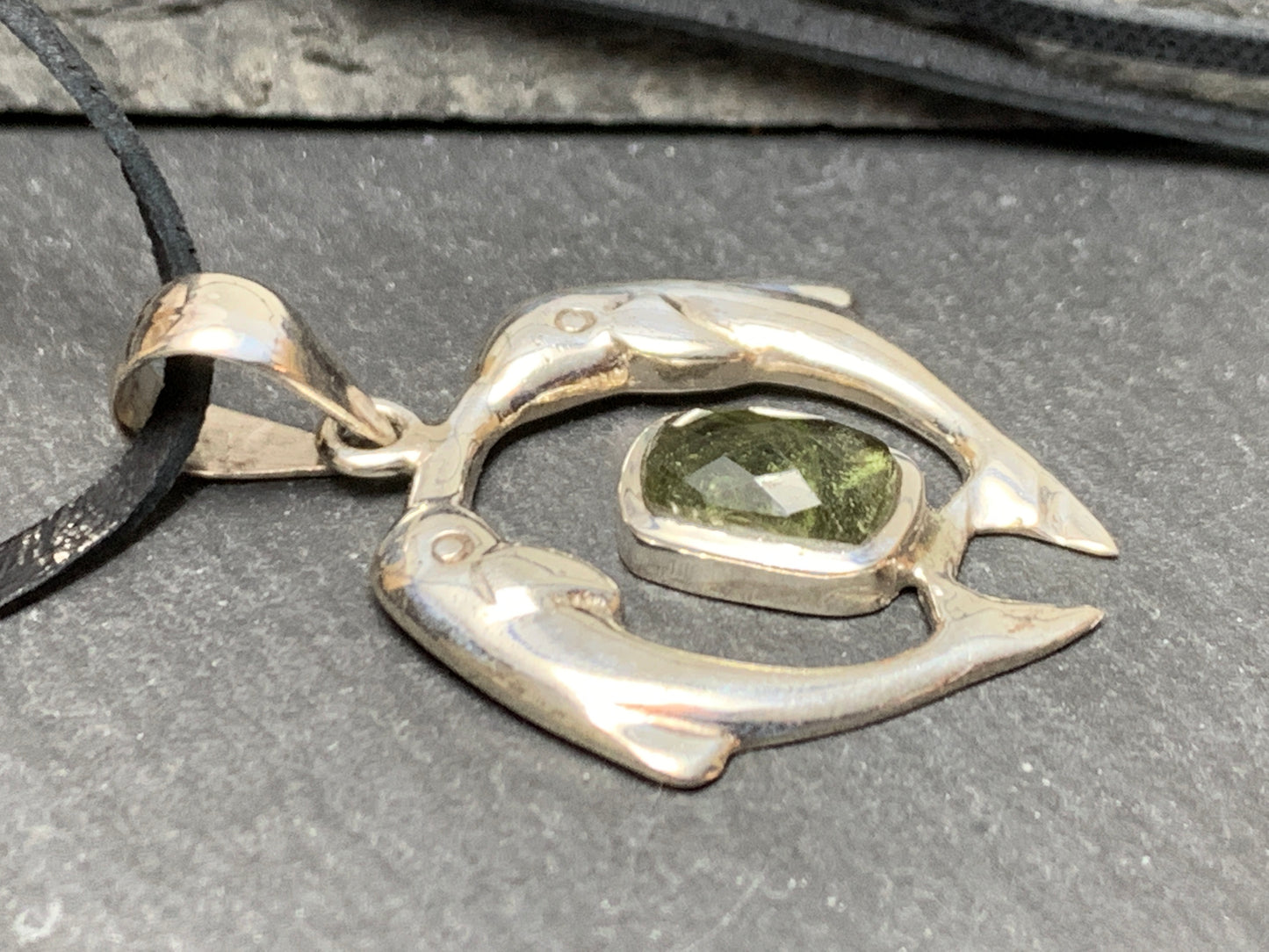 Dolphin's couple - Moldavite & Sterling Silver