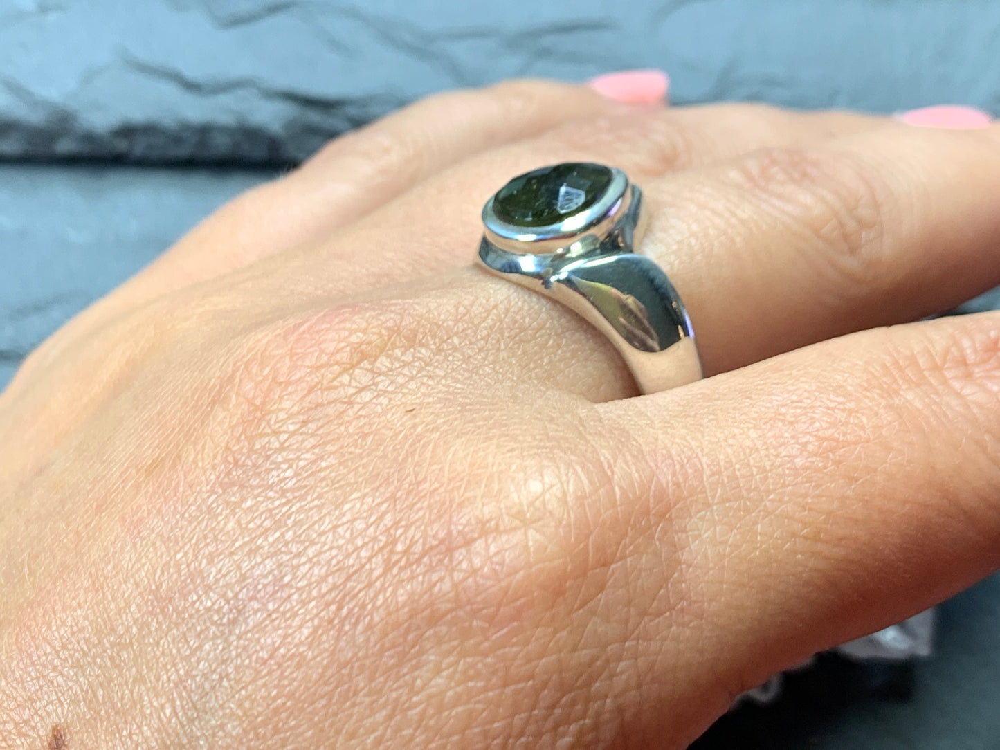 Ring with Faceted Moldavite/ 8.5 US