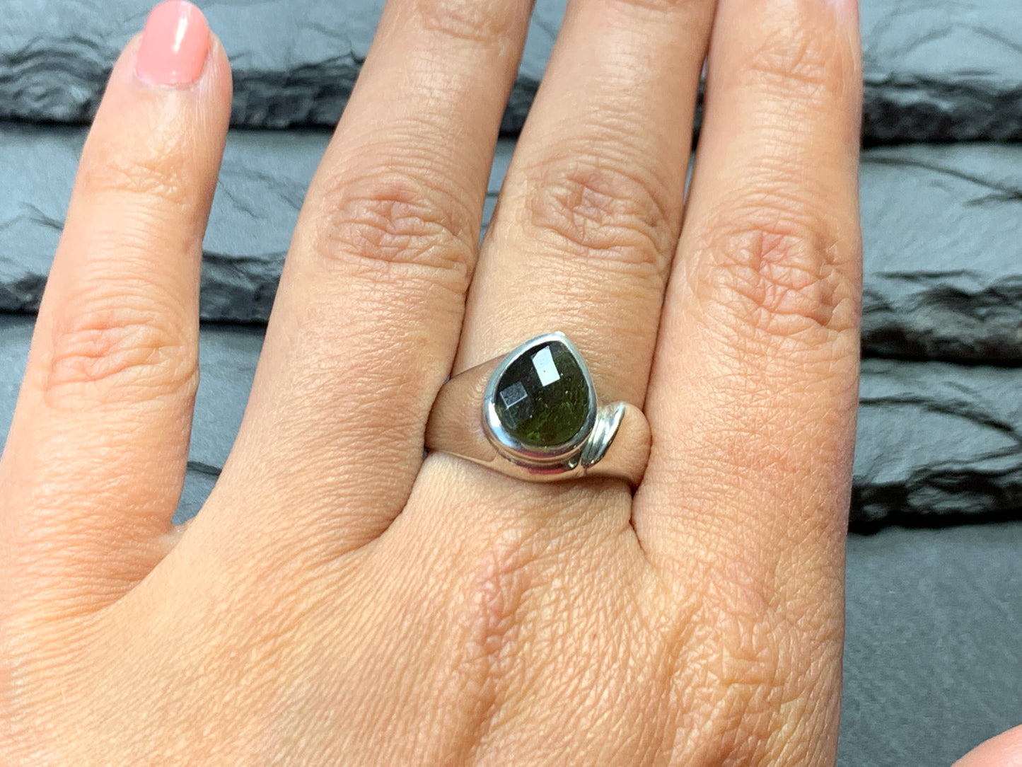 Ring with Faceted Moldavite/ 8.5 US