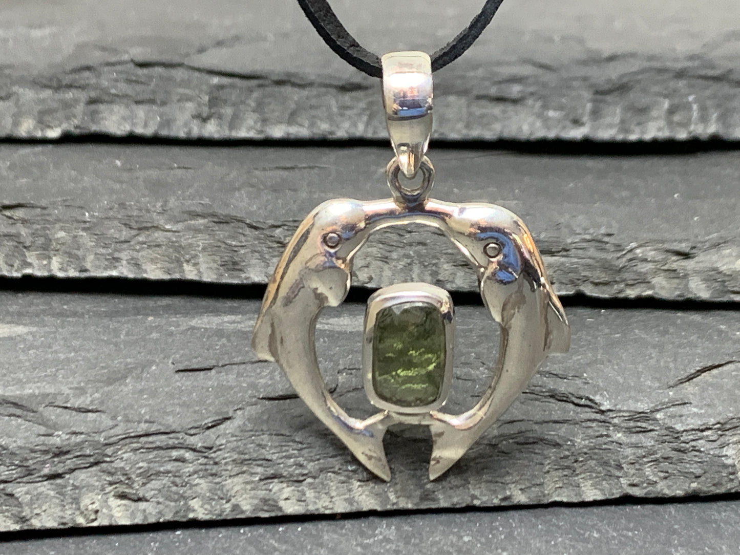 Dolphin's couple - Moldavite & Sterling Silver