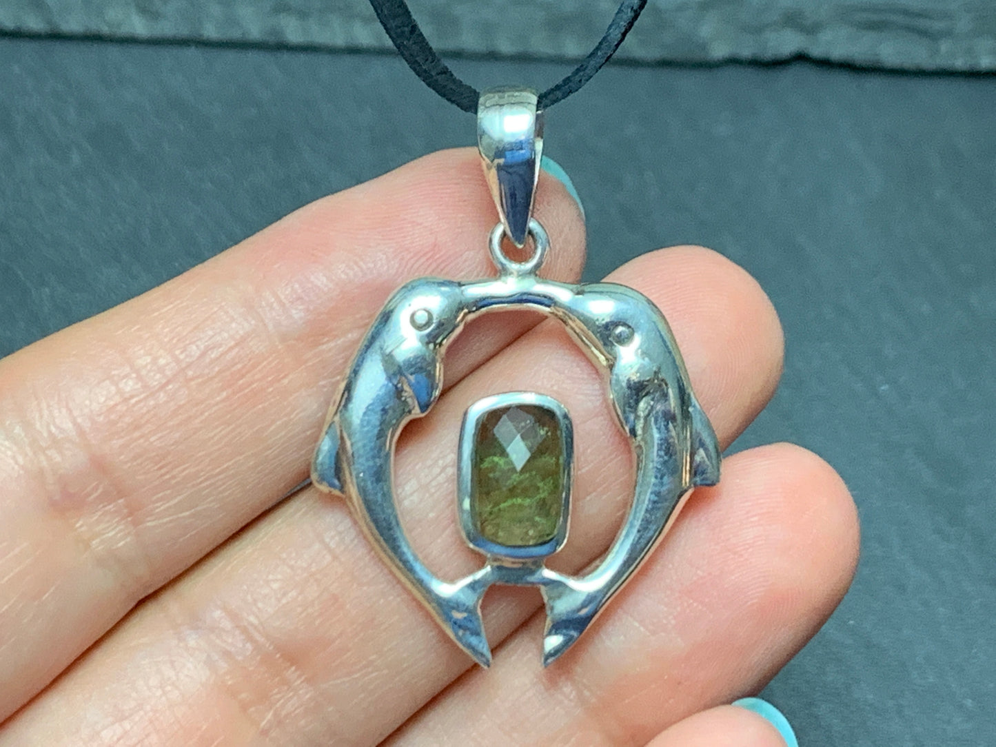 Dolphin's couple - Moldavite & Sterling Silver