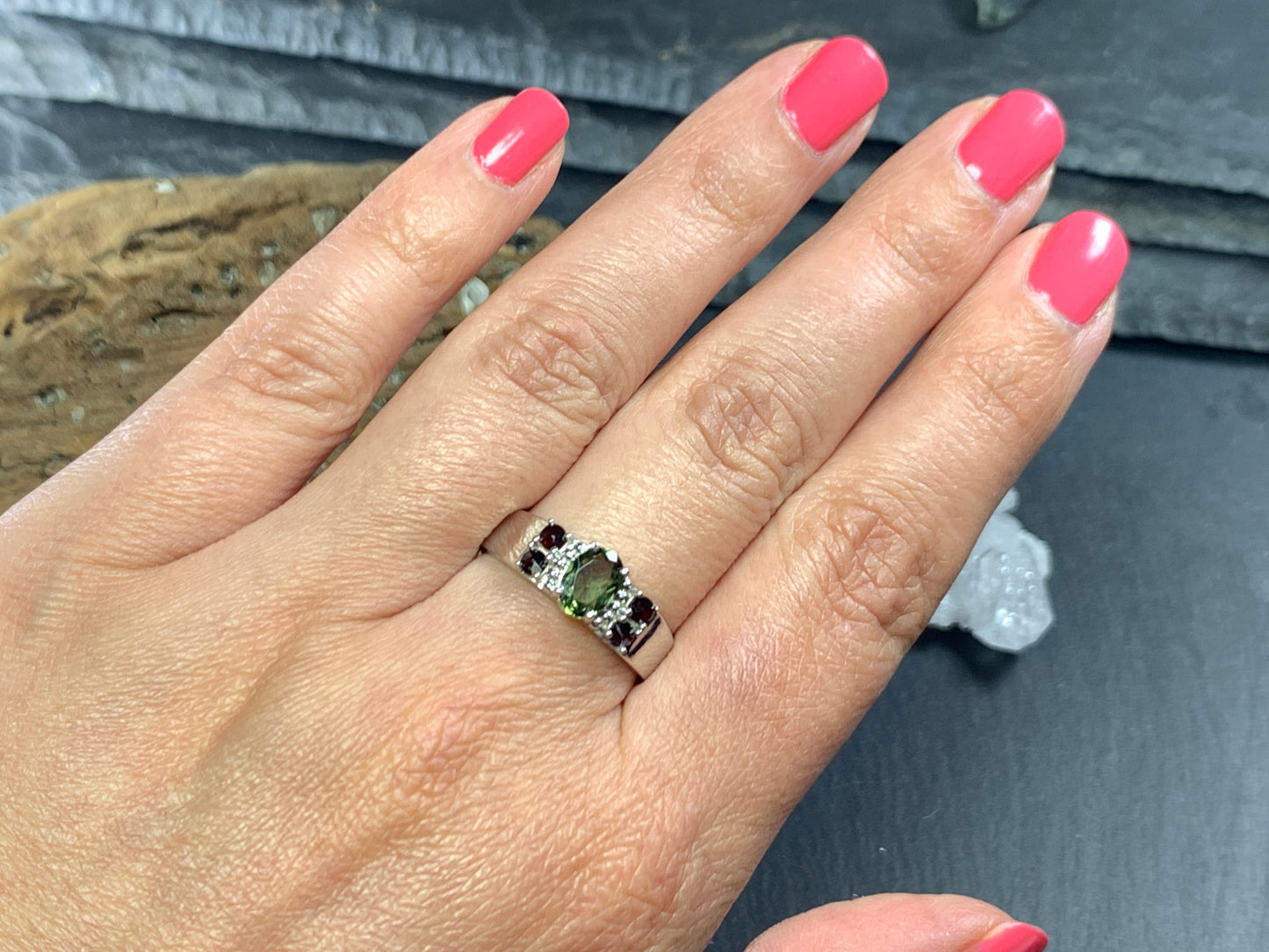 Queen's Ring Moldavite and Garnet
