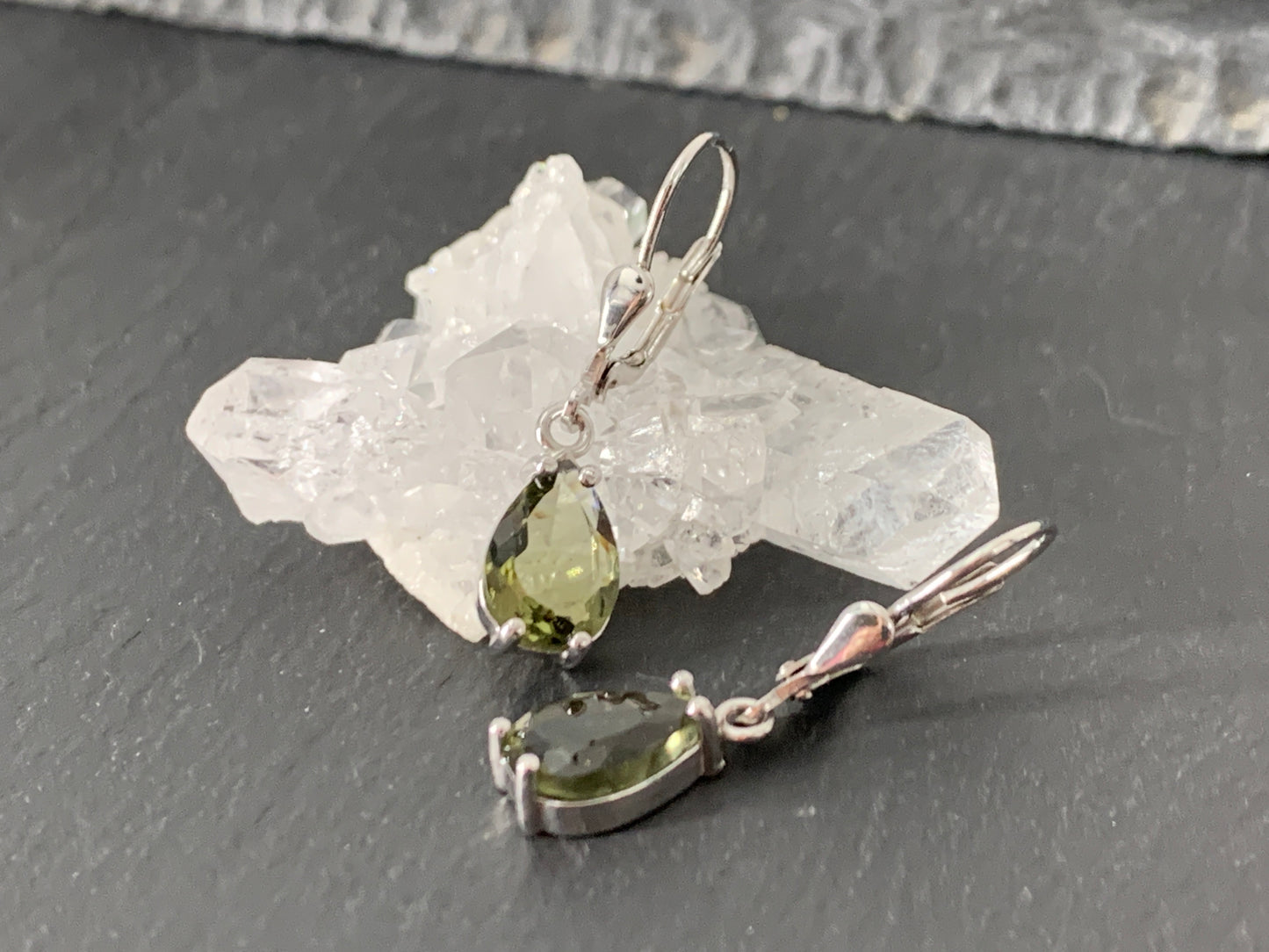 Faceted Moldavite pear 7x10mm earrings