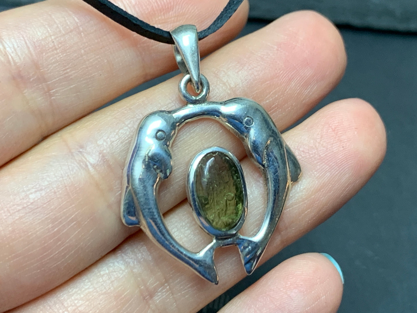Dolphins - Sterling Silver Moldavite pendant 5.4gr