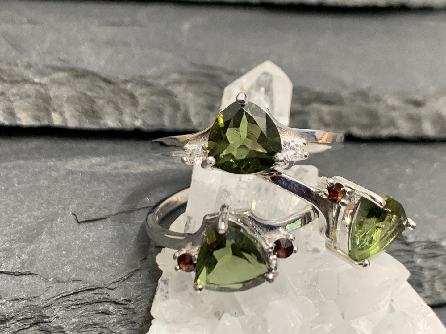"Altair" Moldavite ring with Garnet or Zircon