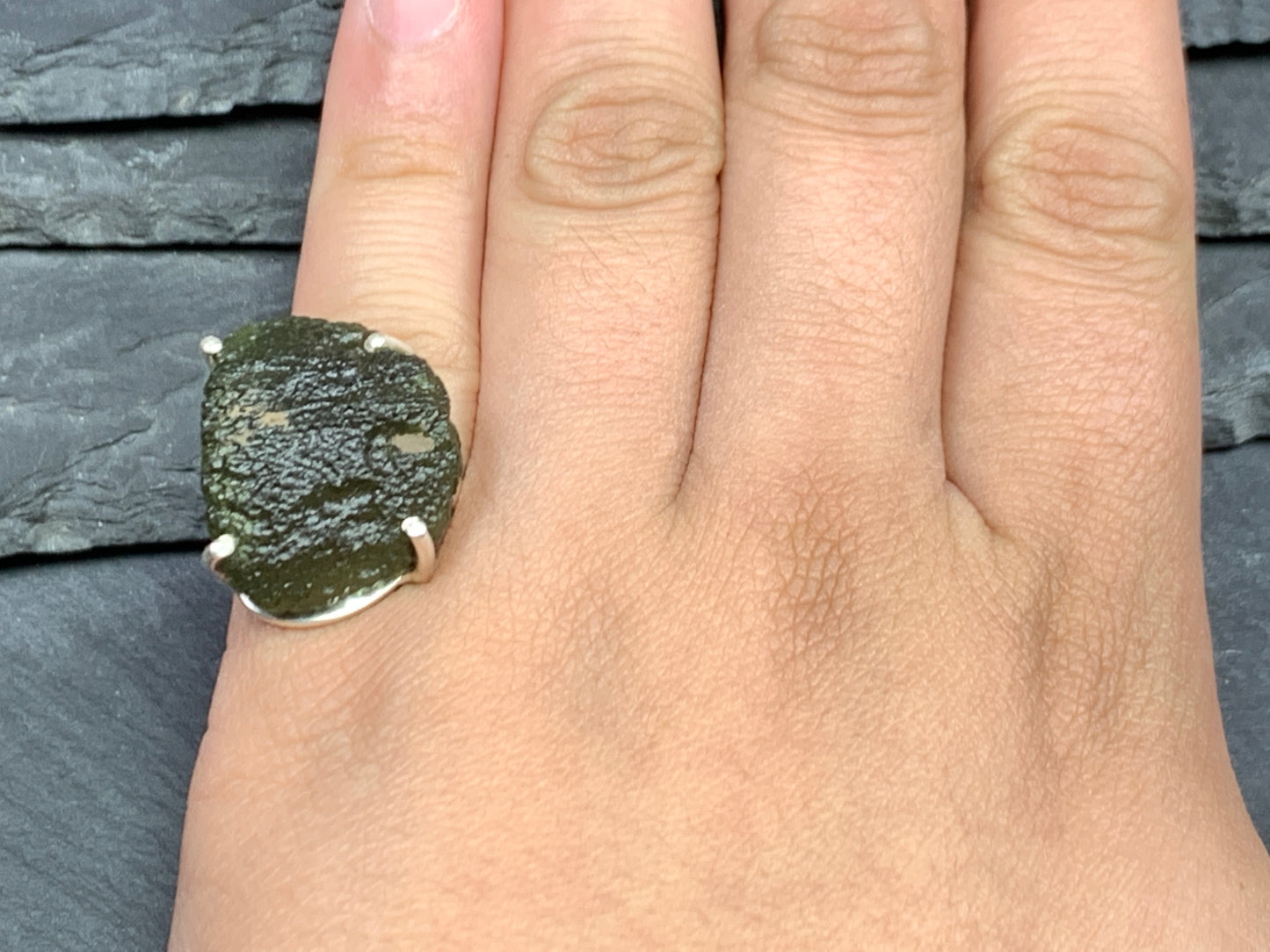 " Maia" Ring with Rough Moldavite 6 US