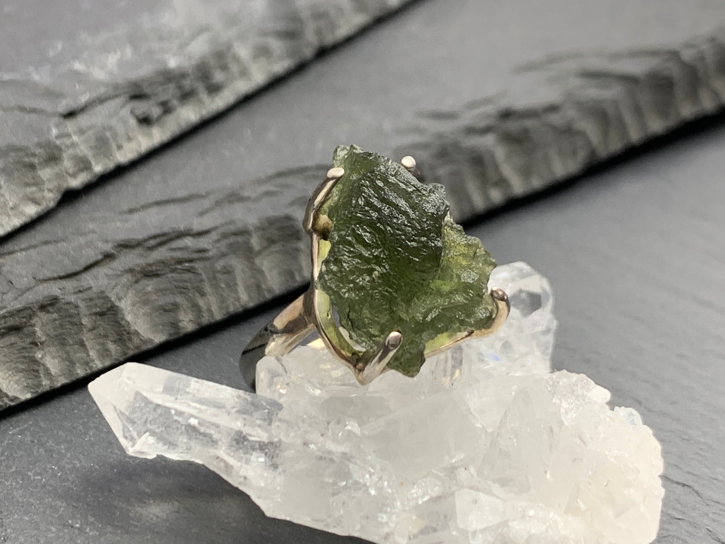 Ring with rough Moldavite 6.75US