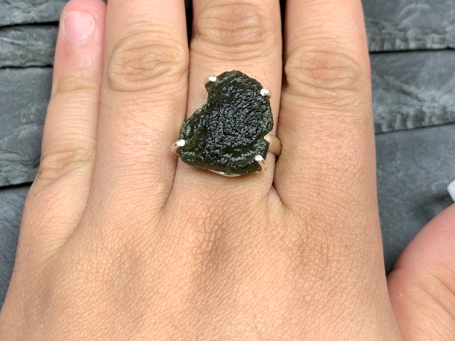 " Capella" Ring with Rough Moldavite 9 US