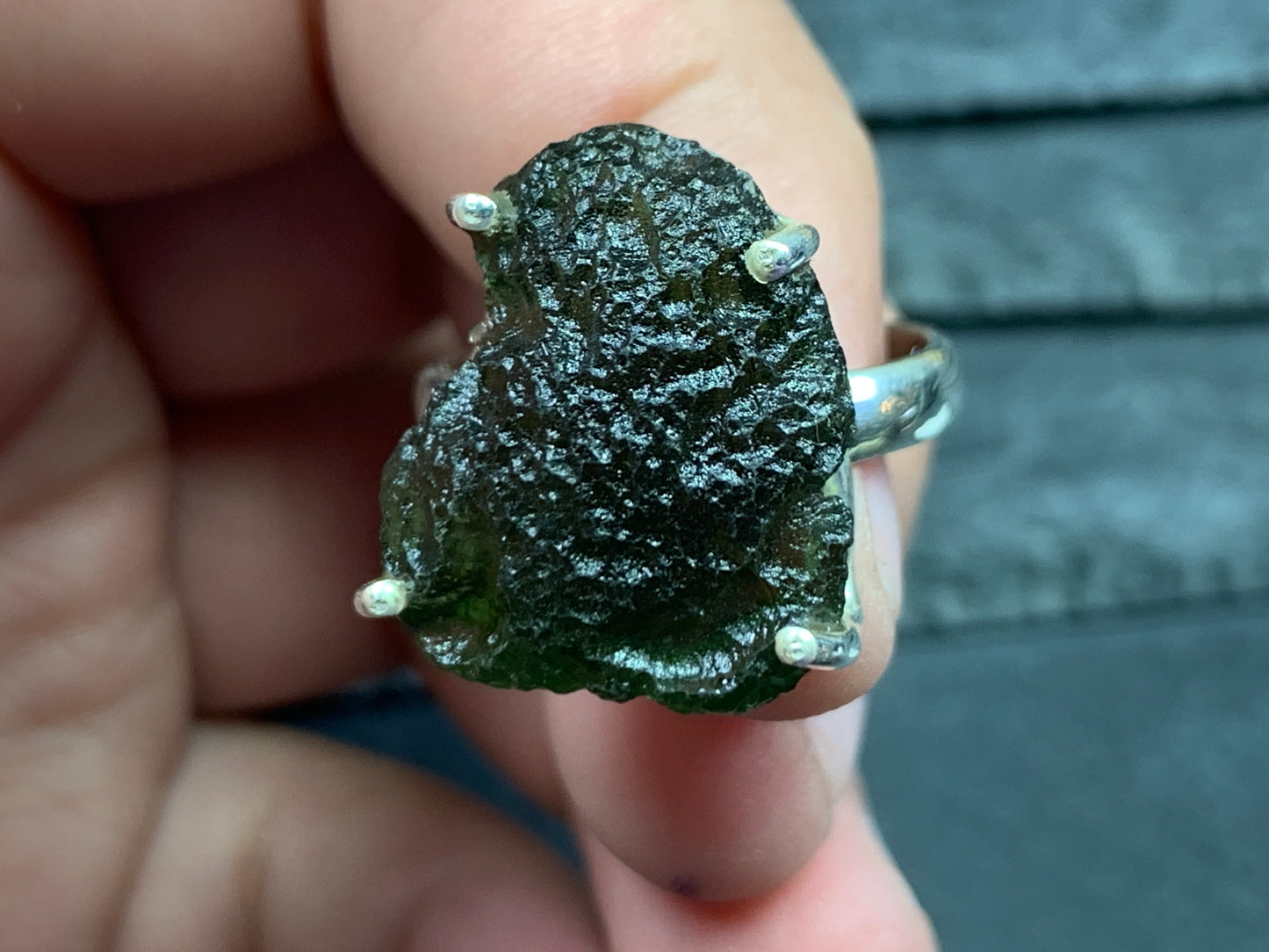 " Capella" Ring with Rough Moldavite 9 US