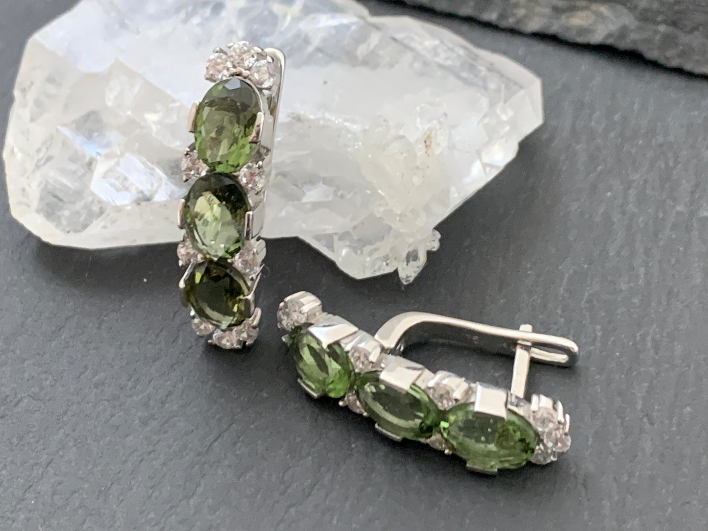 Moldavite & Zircon Silver Earrings
