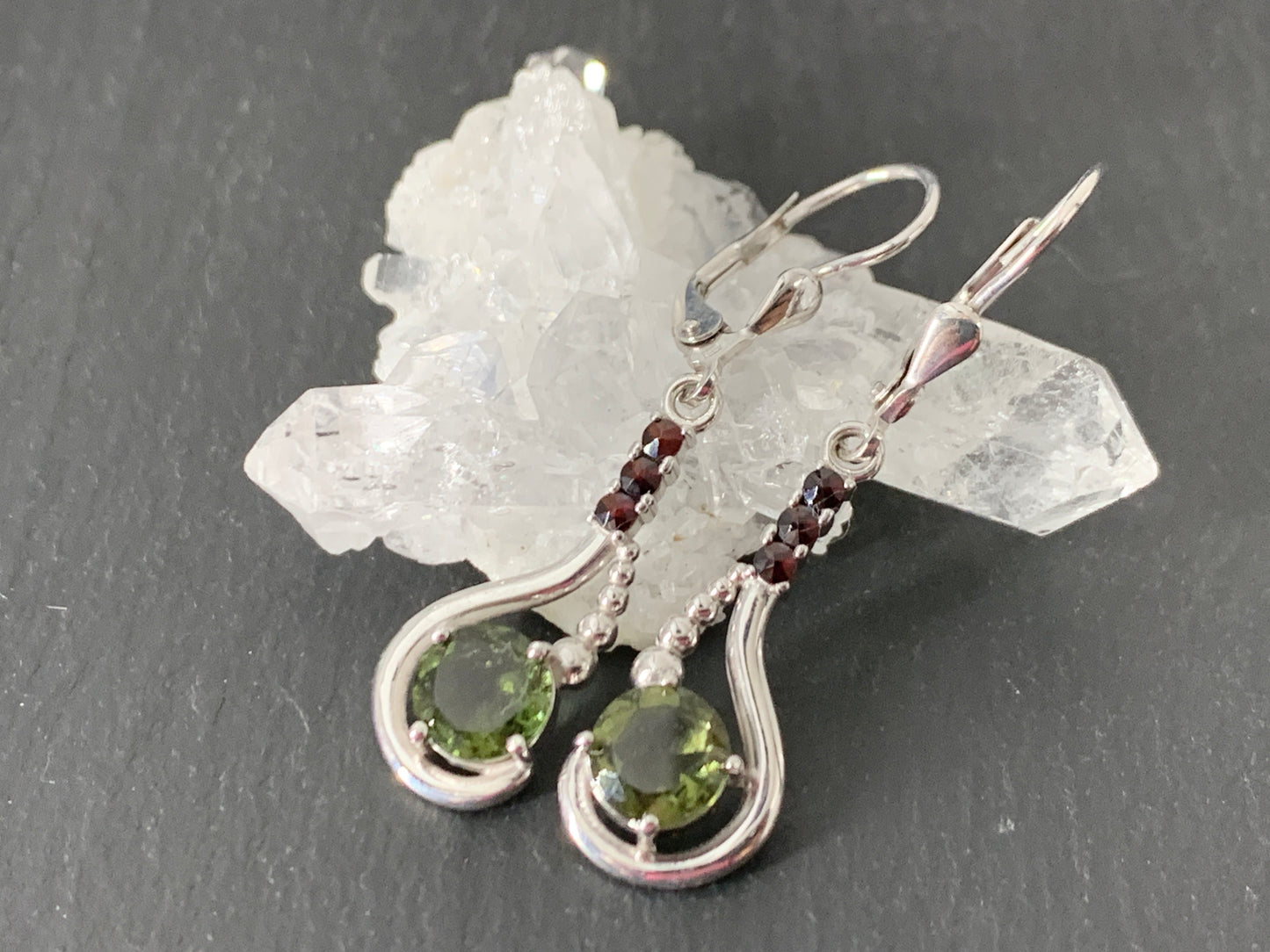 Moldavite & Garnet Earrings