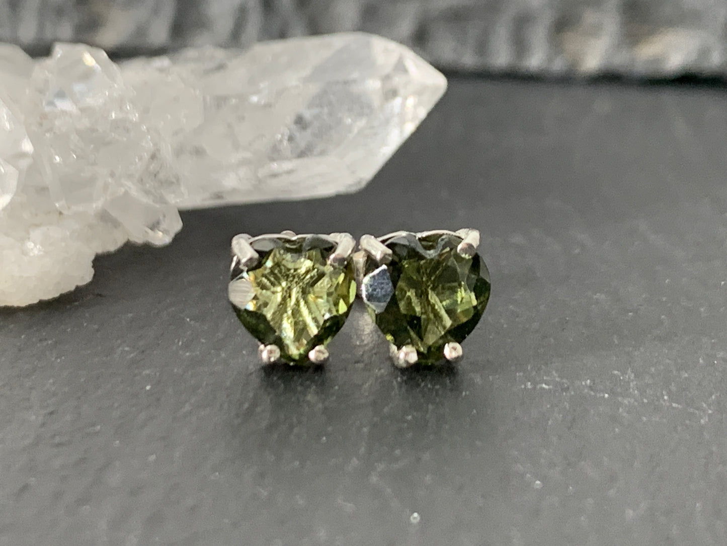 Faceted Moldavite Heart Earrings