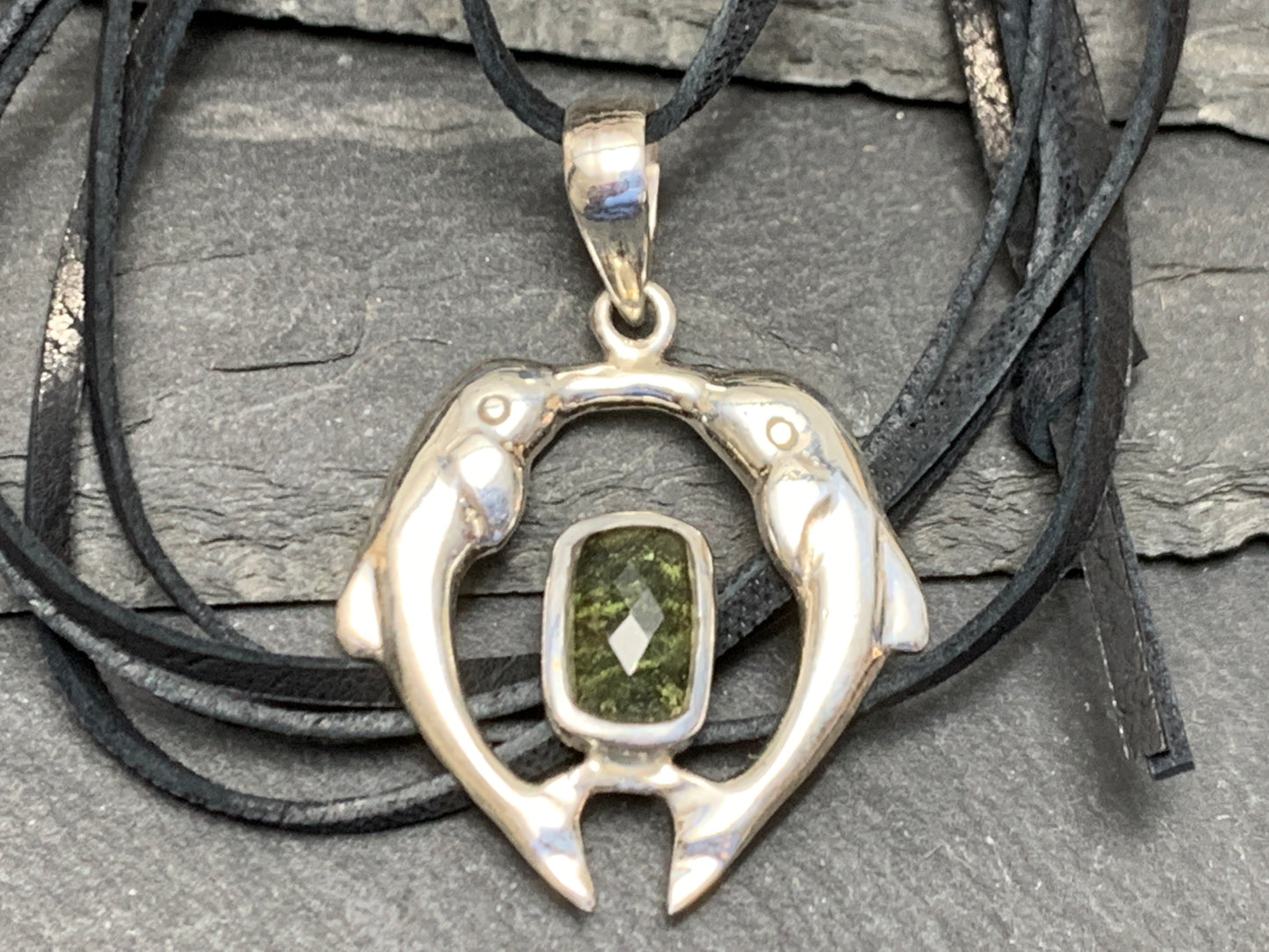 Dolphin's couple - Moldavite & Sterling Silver