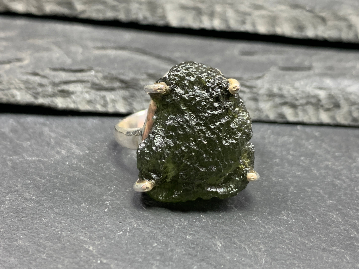 " Capella" Ring with Rough Moldavite 9 US