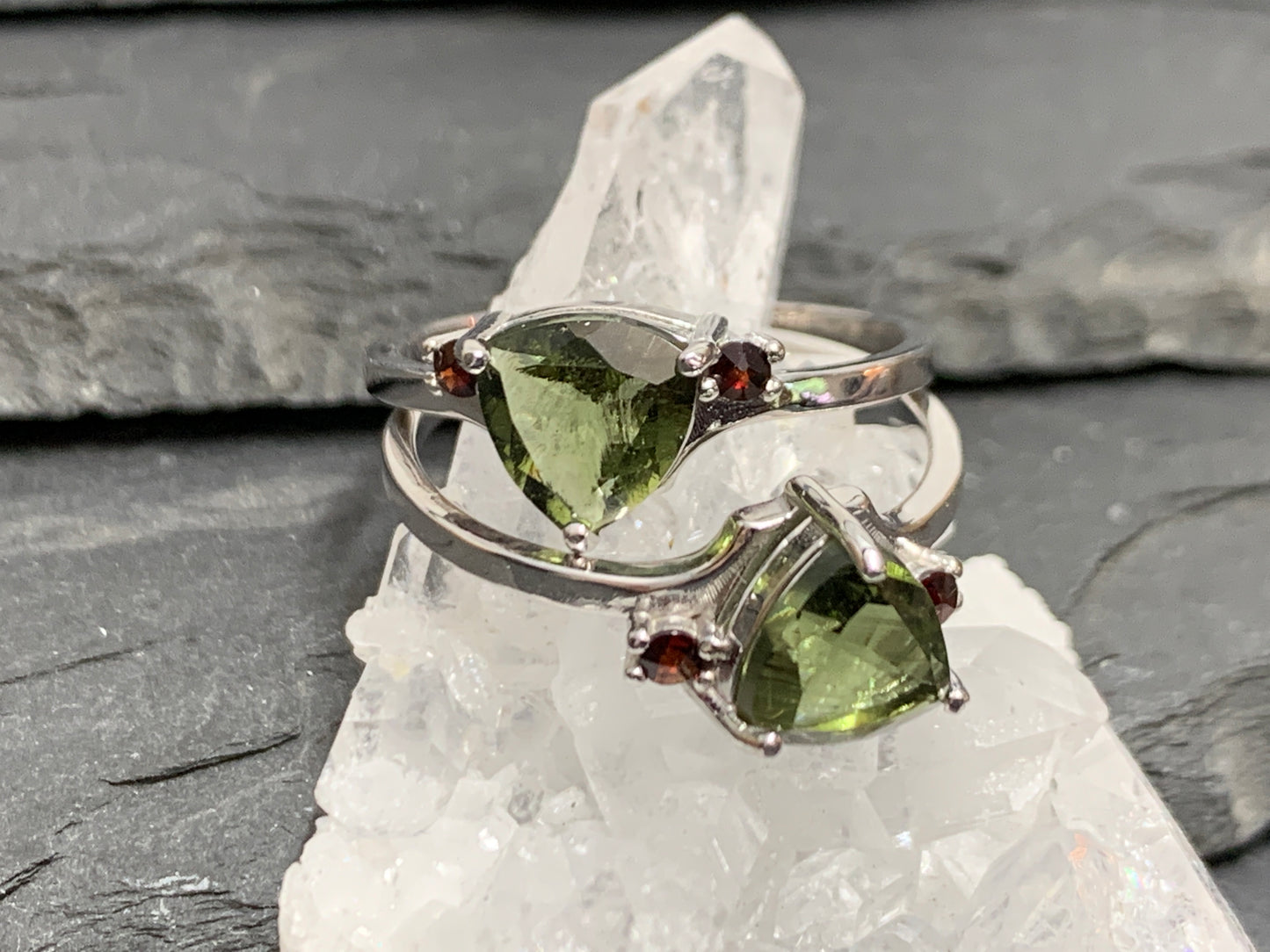 "Altair" Moldavite ring with Garnet or Zircon