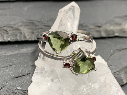 "Altair" Moldavite ring with Garnet or Zircon