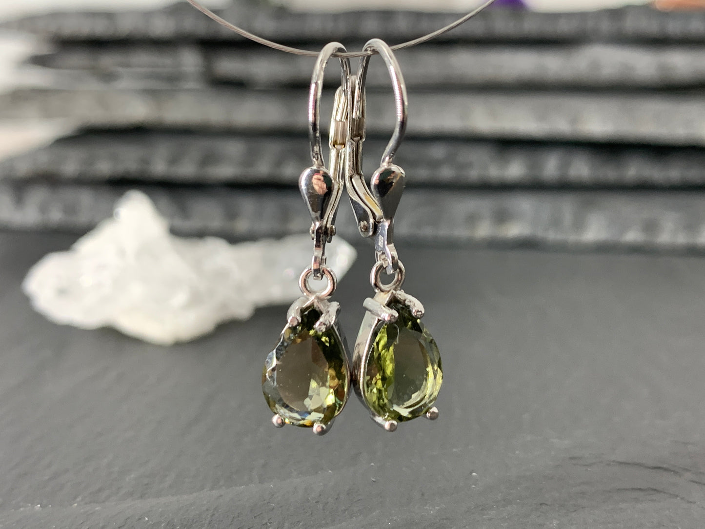 Faceted Moldavite pear 7x10mm earrings