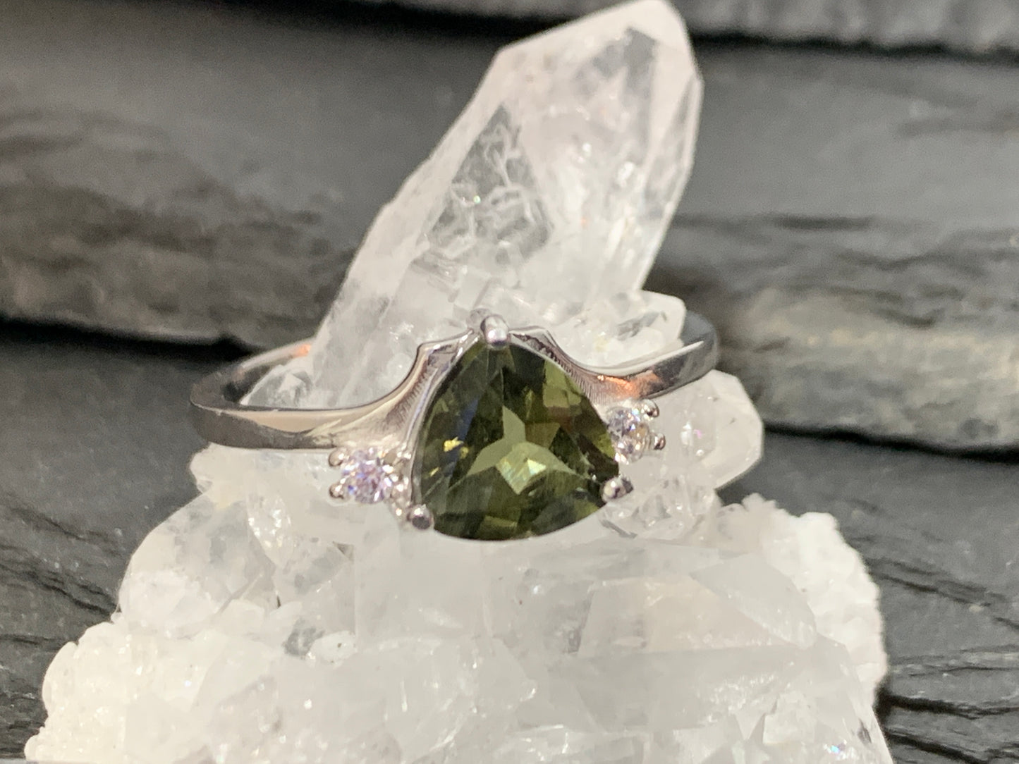 "Altair" Moldavite ring with Garnet or Zircon