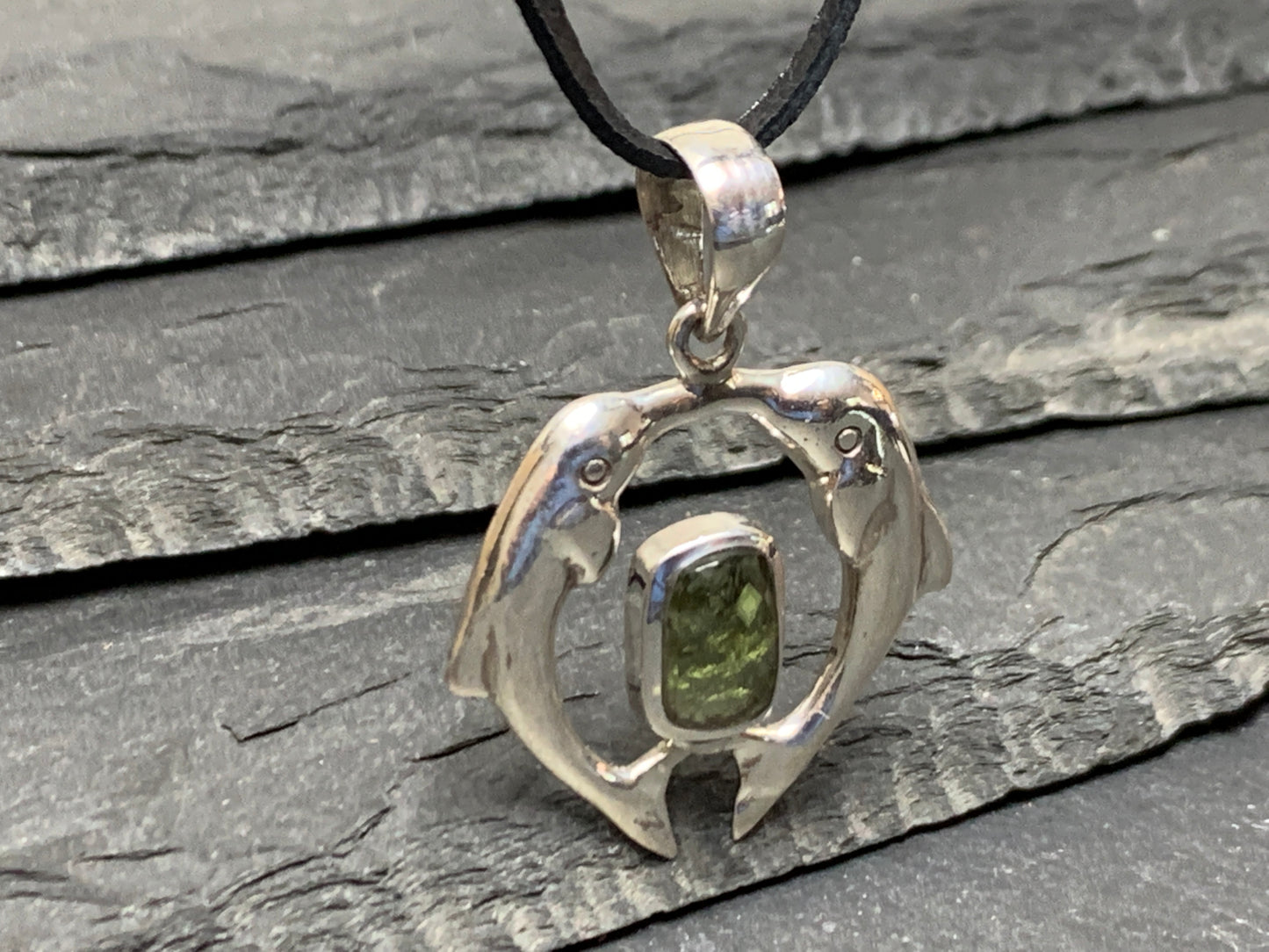 Dolphin's couple - Moldavite & Sterling Silver